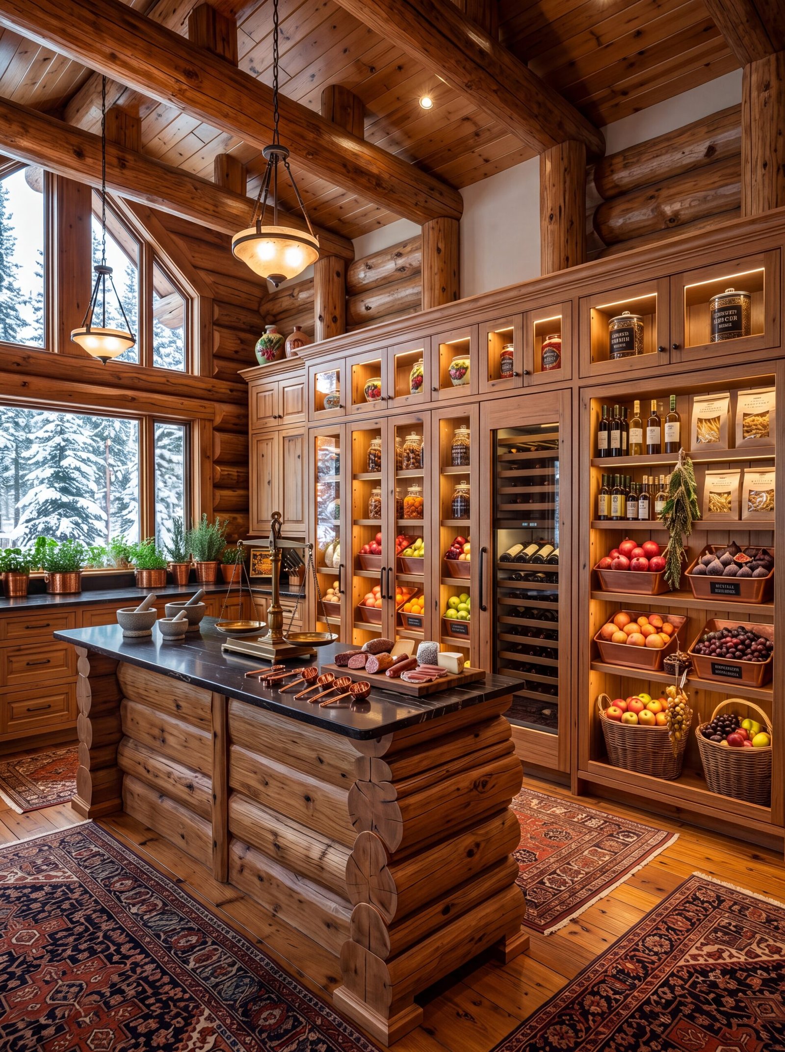 Open shelves with wine bottles, pasta bags, figs, pomegranates, and wicker fruit baskets