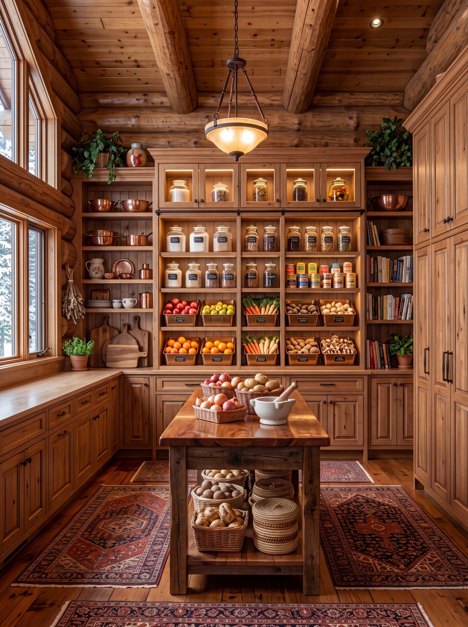 Open pantry shelving with canned goods, labeled glass jars, and copper vegetable bins