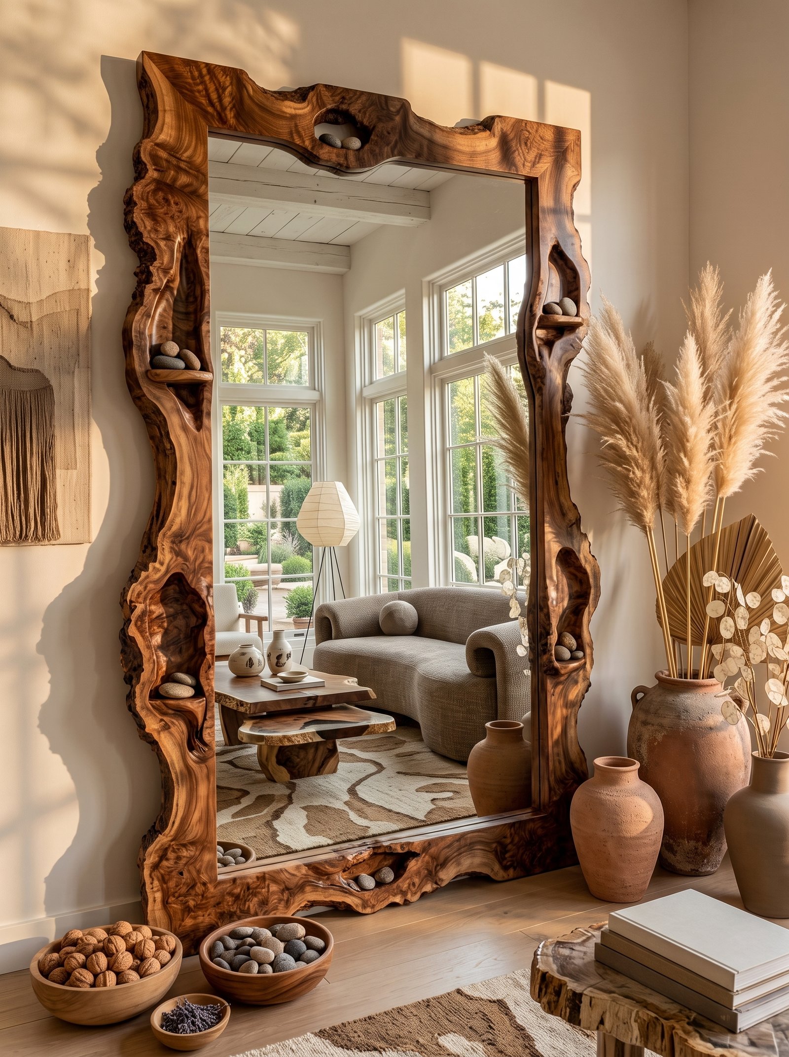 Wood furniture DIY floor mirror with live-edge walnut frame and stone ledges