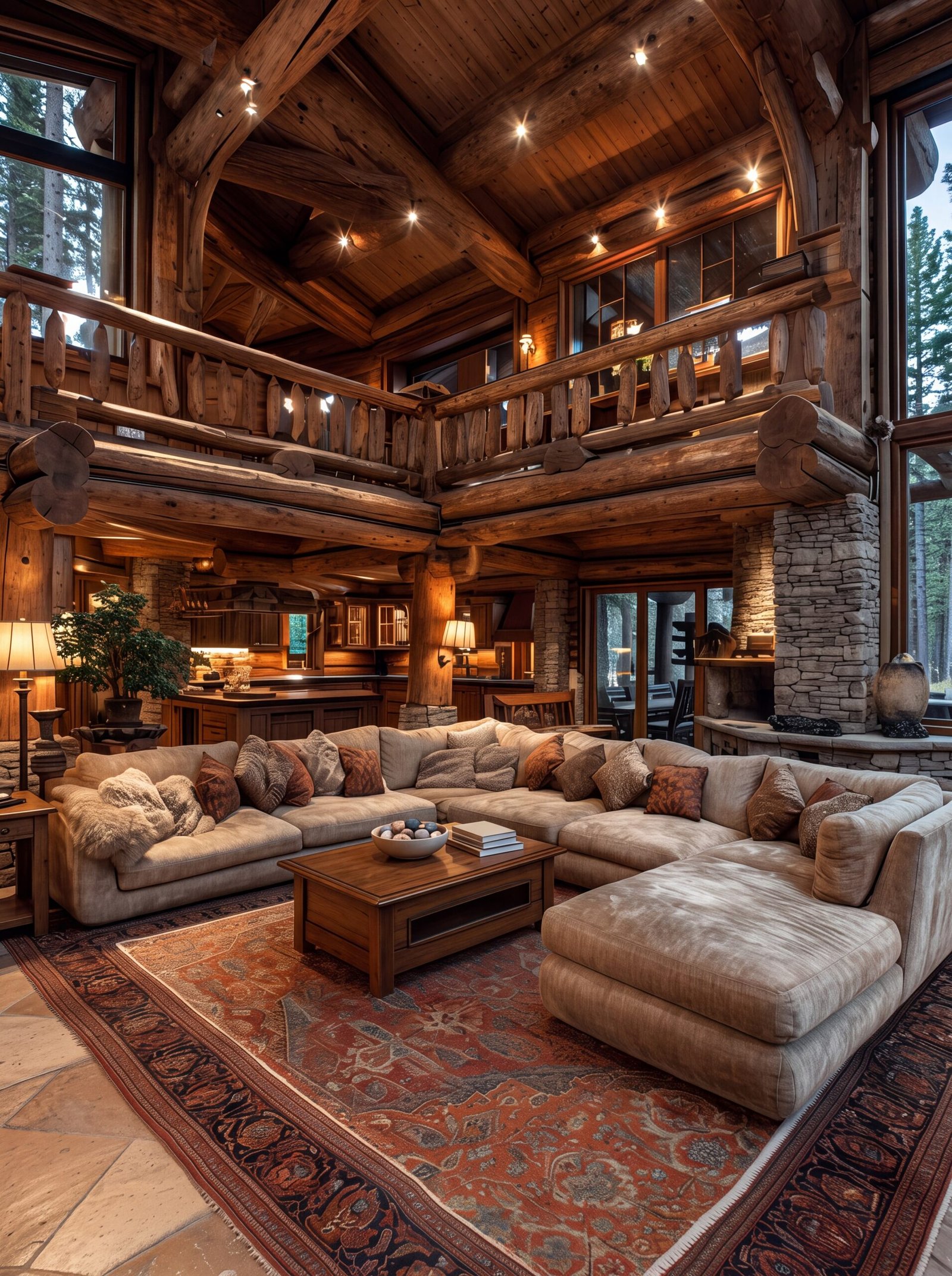 Log cabin living room featuring stacked stone fireplace column and timber ceiling