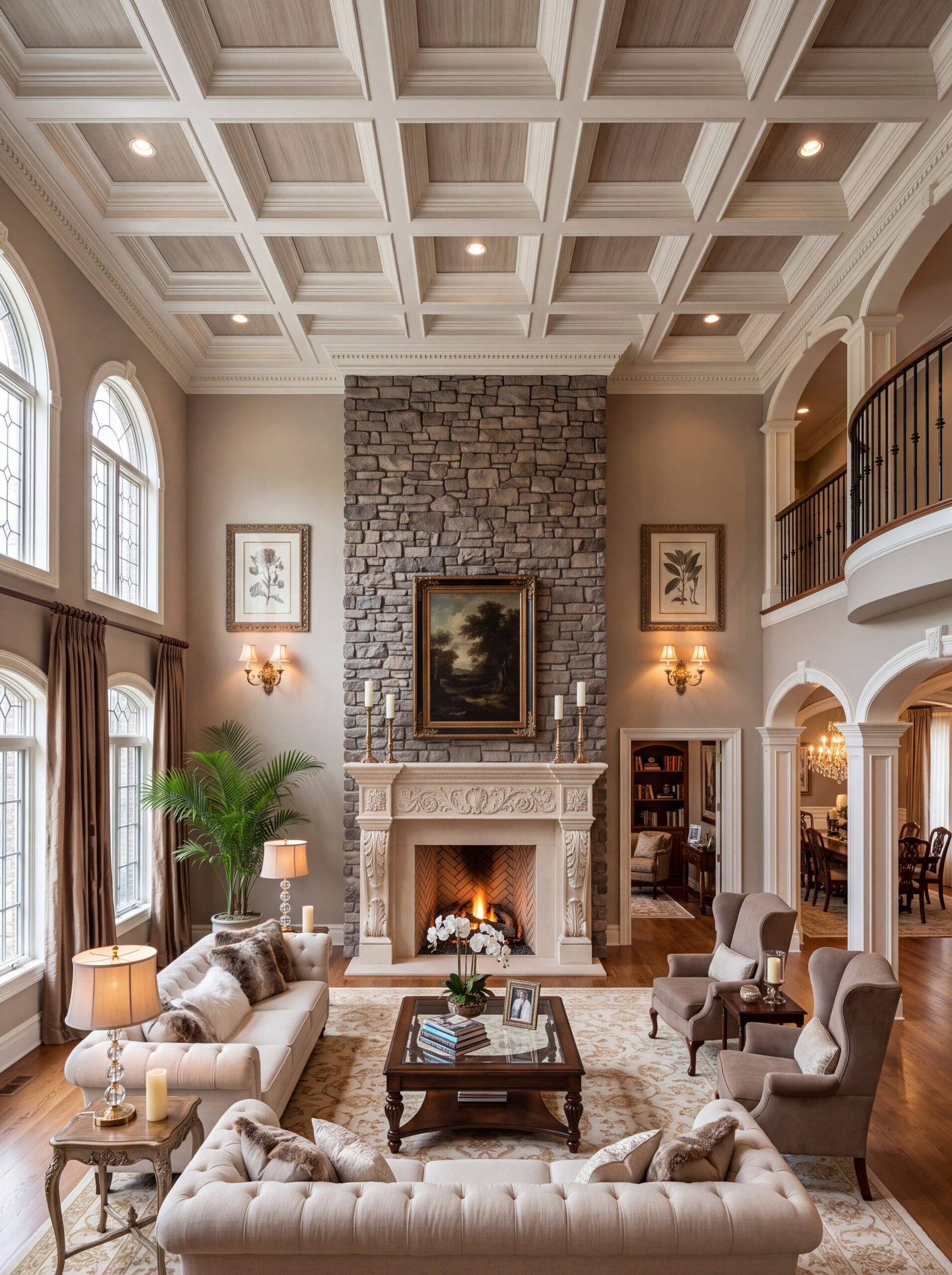 Elegant formal living room design with carved stone fireplace and coffered ceiling.
