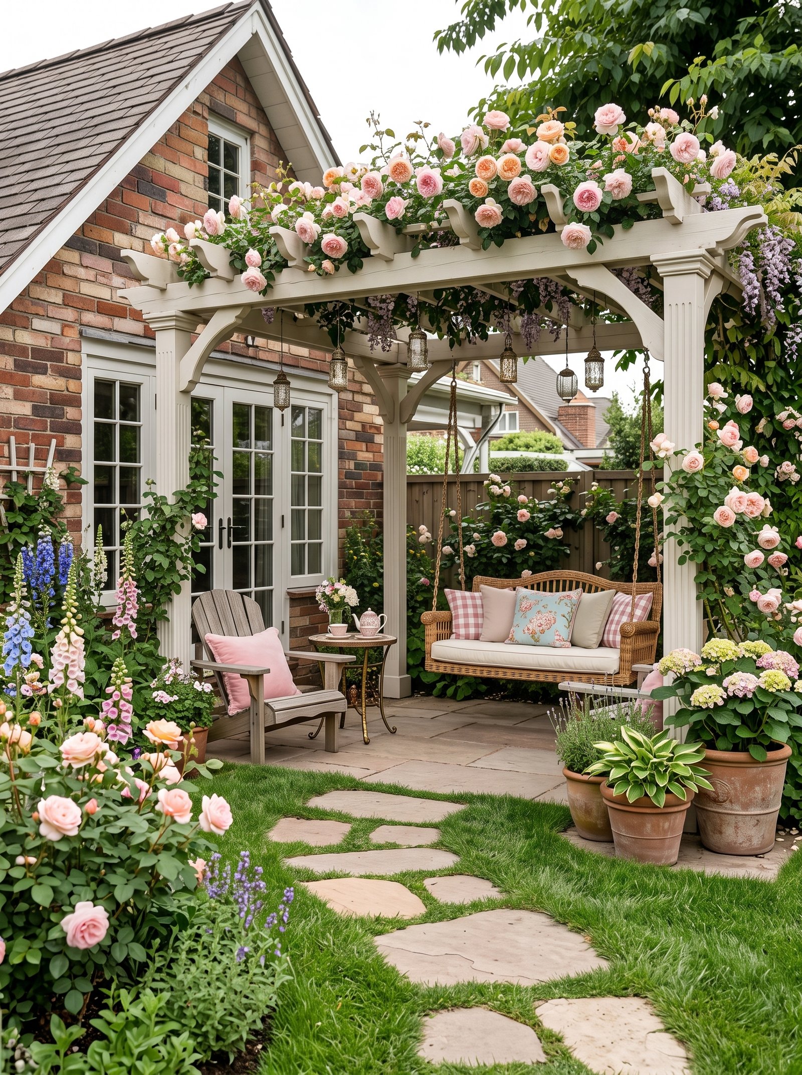 Rose-covered white pergola with wicker porch swing and floral gingham cushions