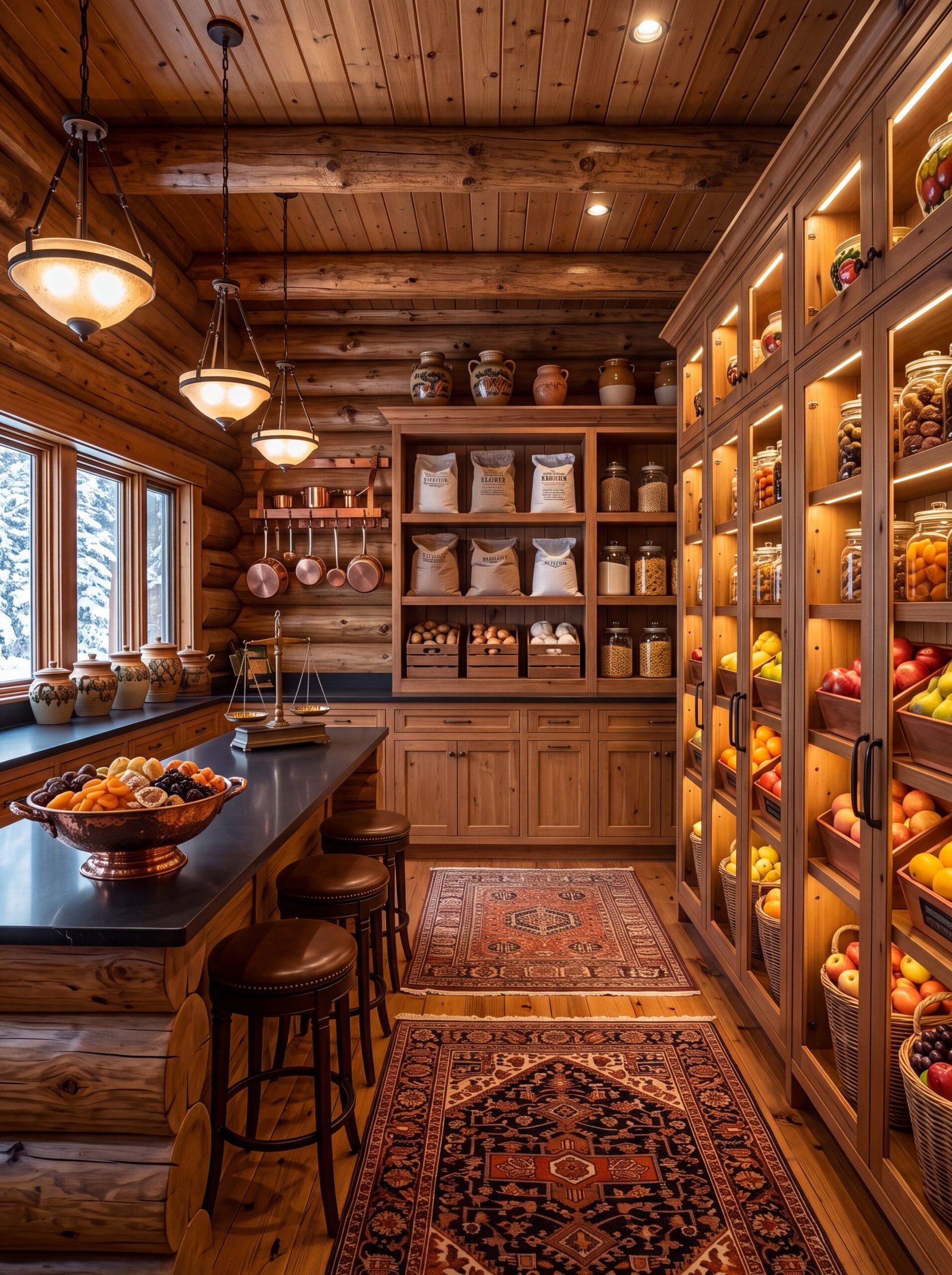 Winter cabin pantry with alabaster pendants, copper pot rack, and snowy window views