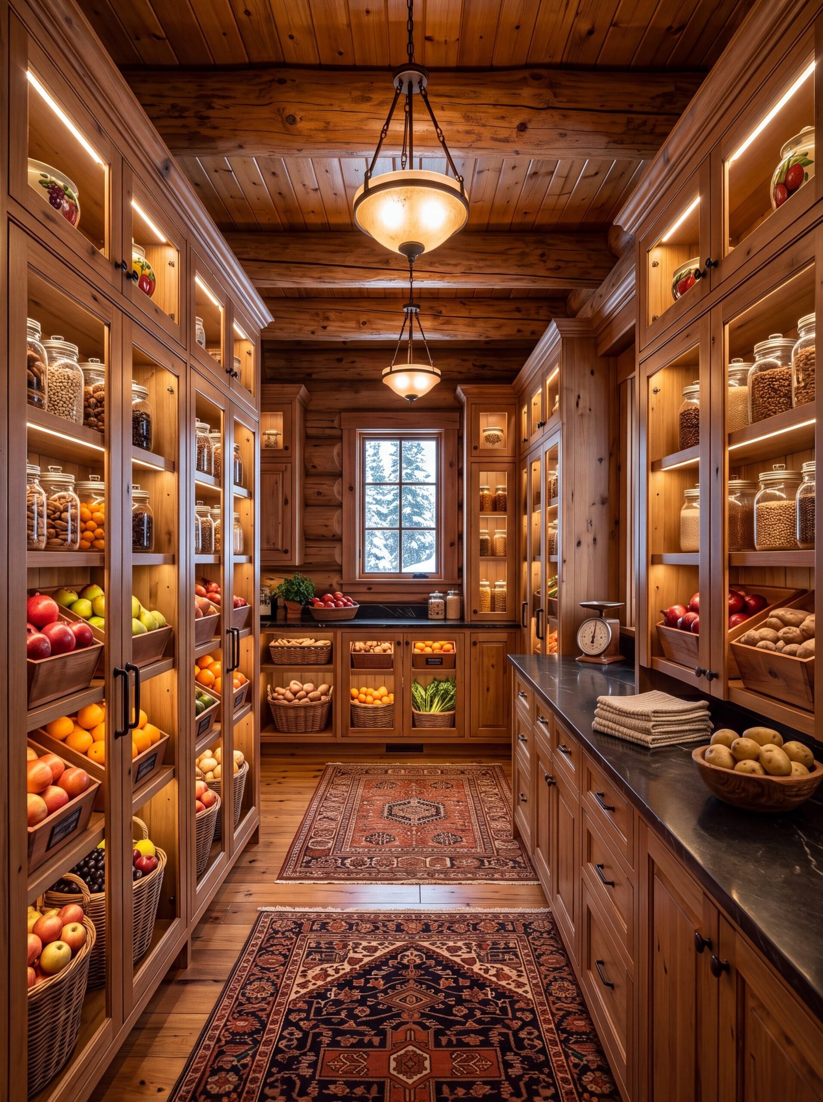 Narrow walk-in pantry lined with LED-lit glass cabinets, fruit bins, and wicker baskets