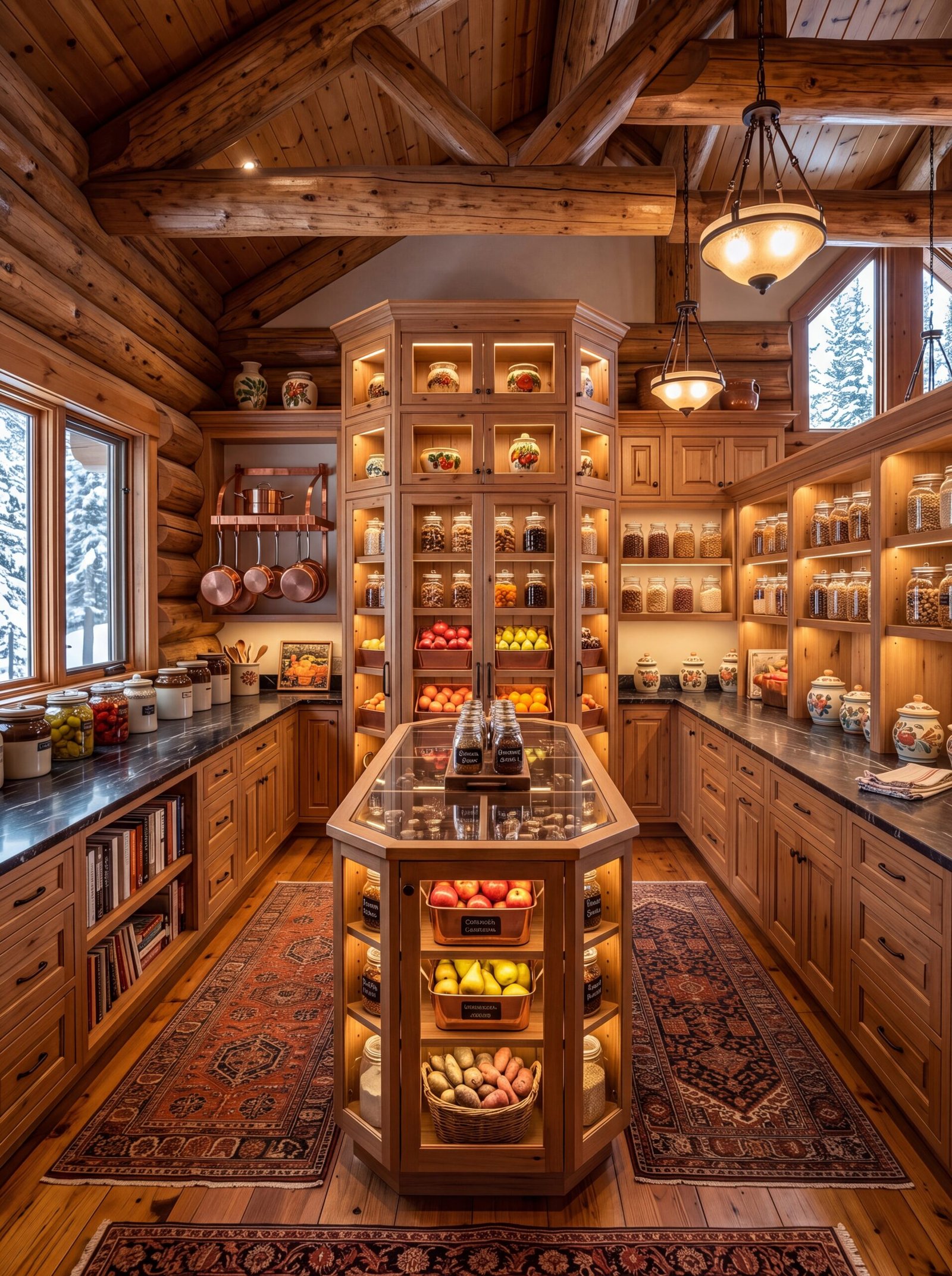 Pantry display cabinet island with glass top, lit shelves, and copper produce bins
