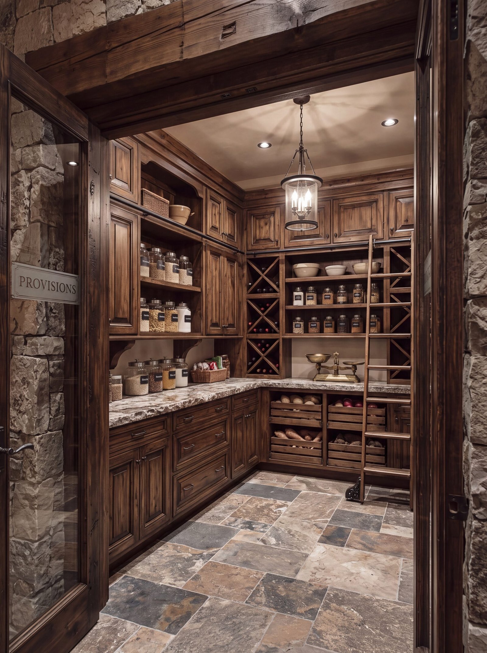 Old world pantry behind glass doors labeled Provisions with stone walls and timber header