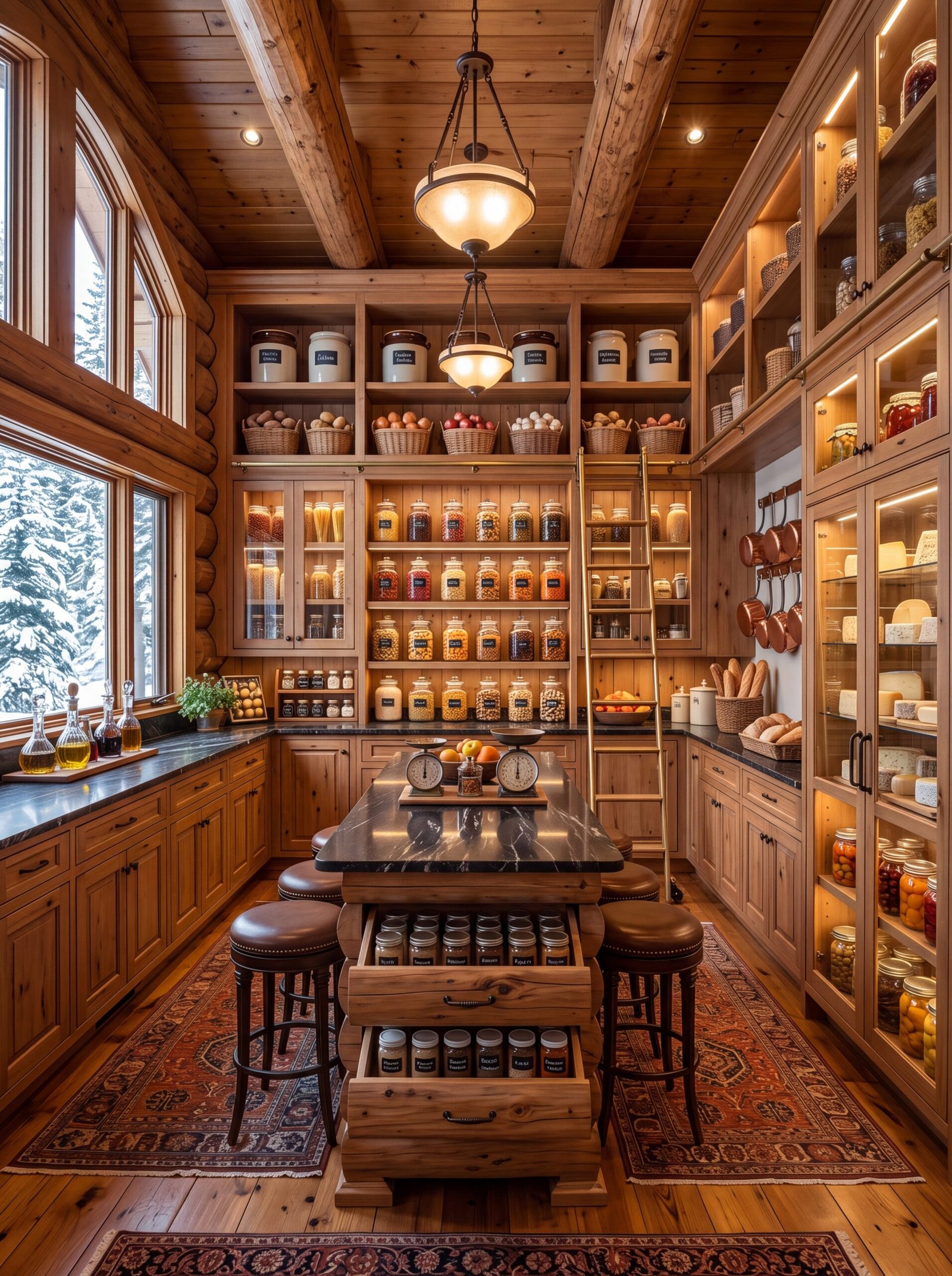 Log cabin pantry island with leather stools beneath alabaster pendants and a brass ladder