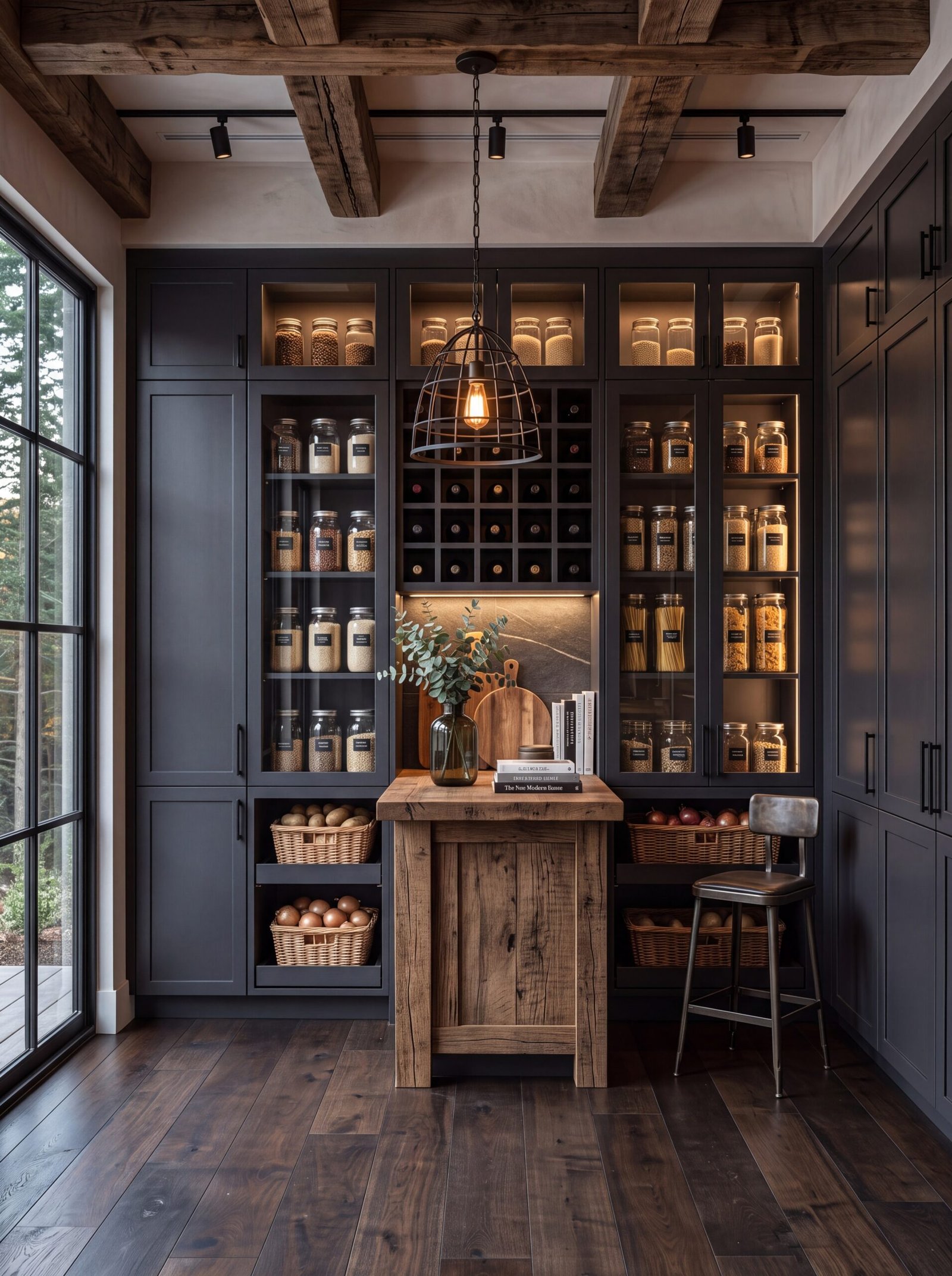 Moody pantry beside a black steel-framed window with dark wide-plank oak floors