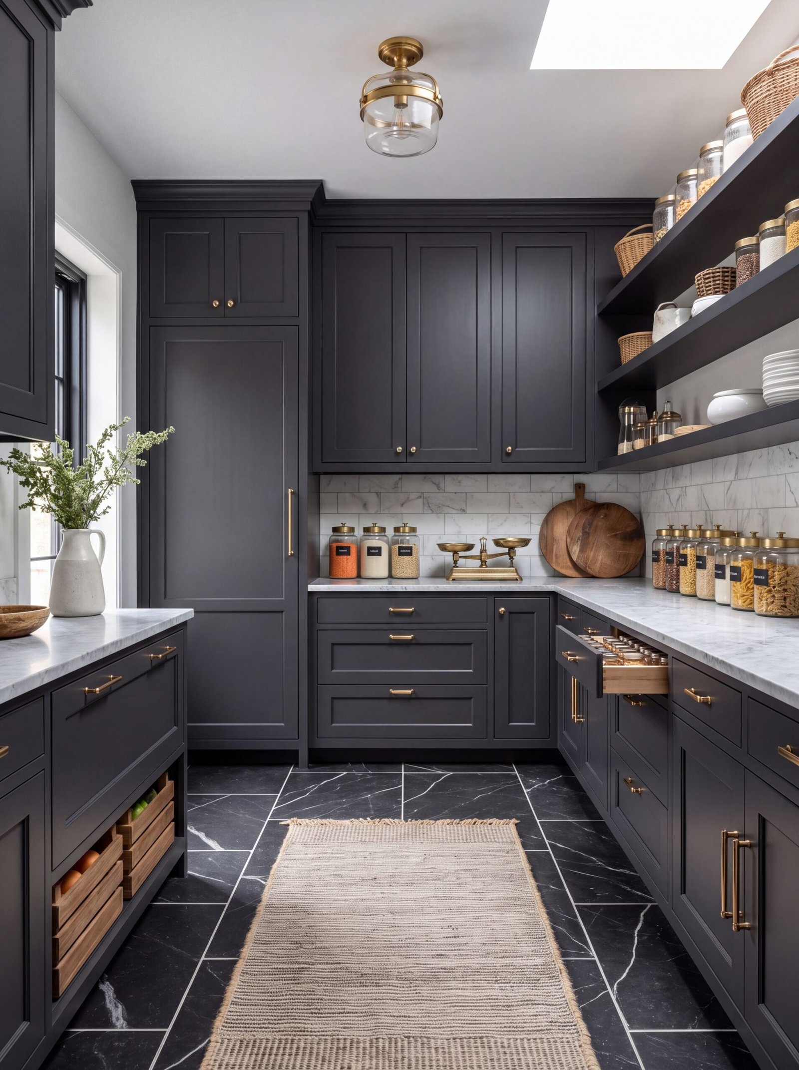 Black marble floor tiles with white veins beneath a natural jute runner