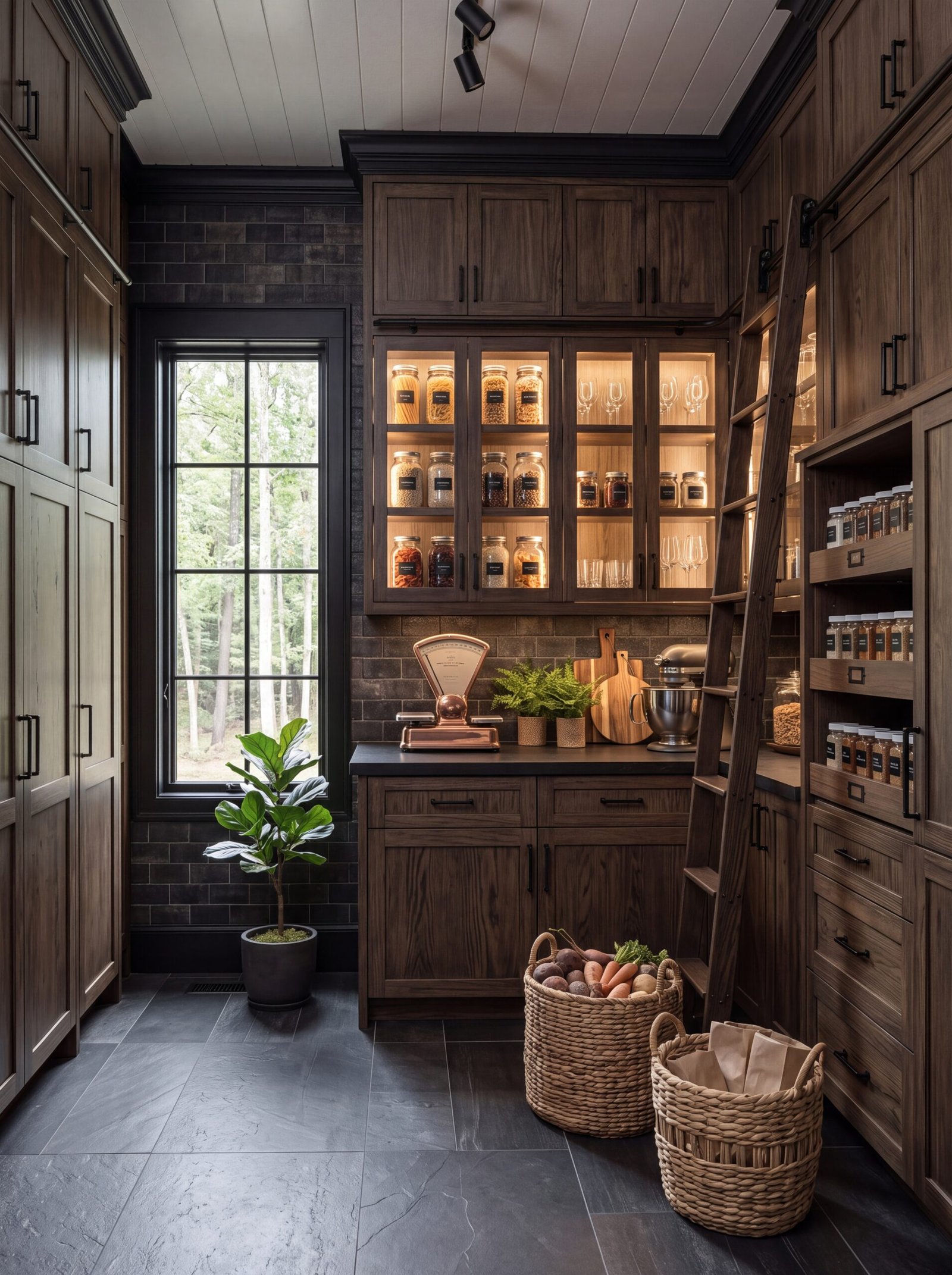 Modern farmhouse pantry with dark walnut cabinets, charcoal brick wall, and black window