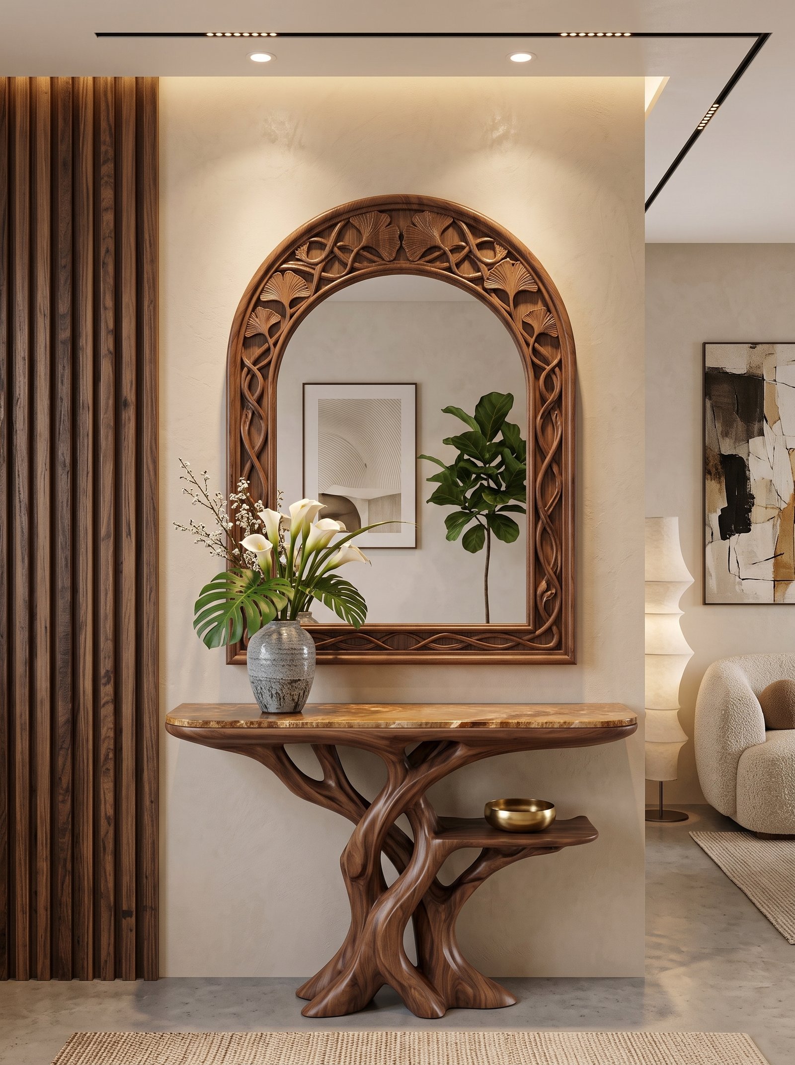 Wood furniture DIY entryway with carved arch mirror and tree-root console table