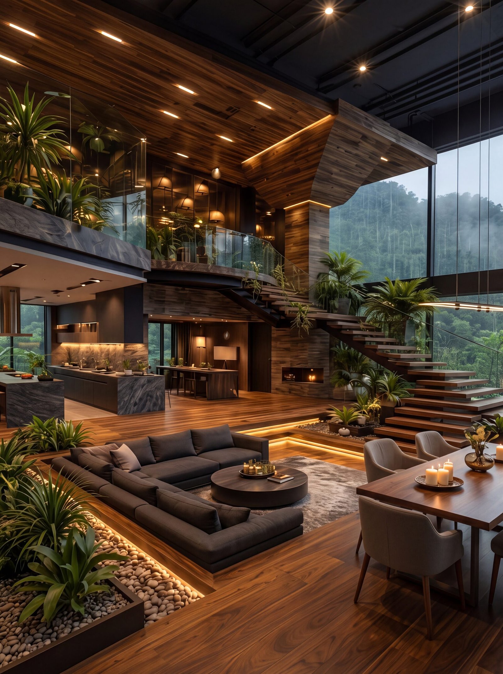 Open-concept kitchen and dining space with marble island and warm wood ceiling