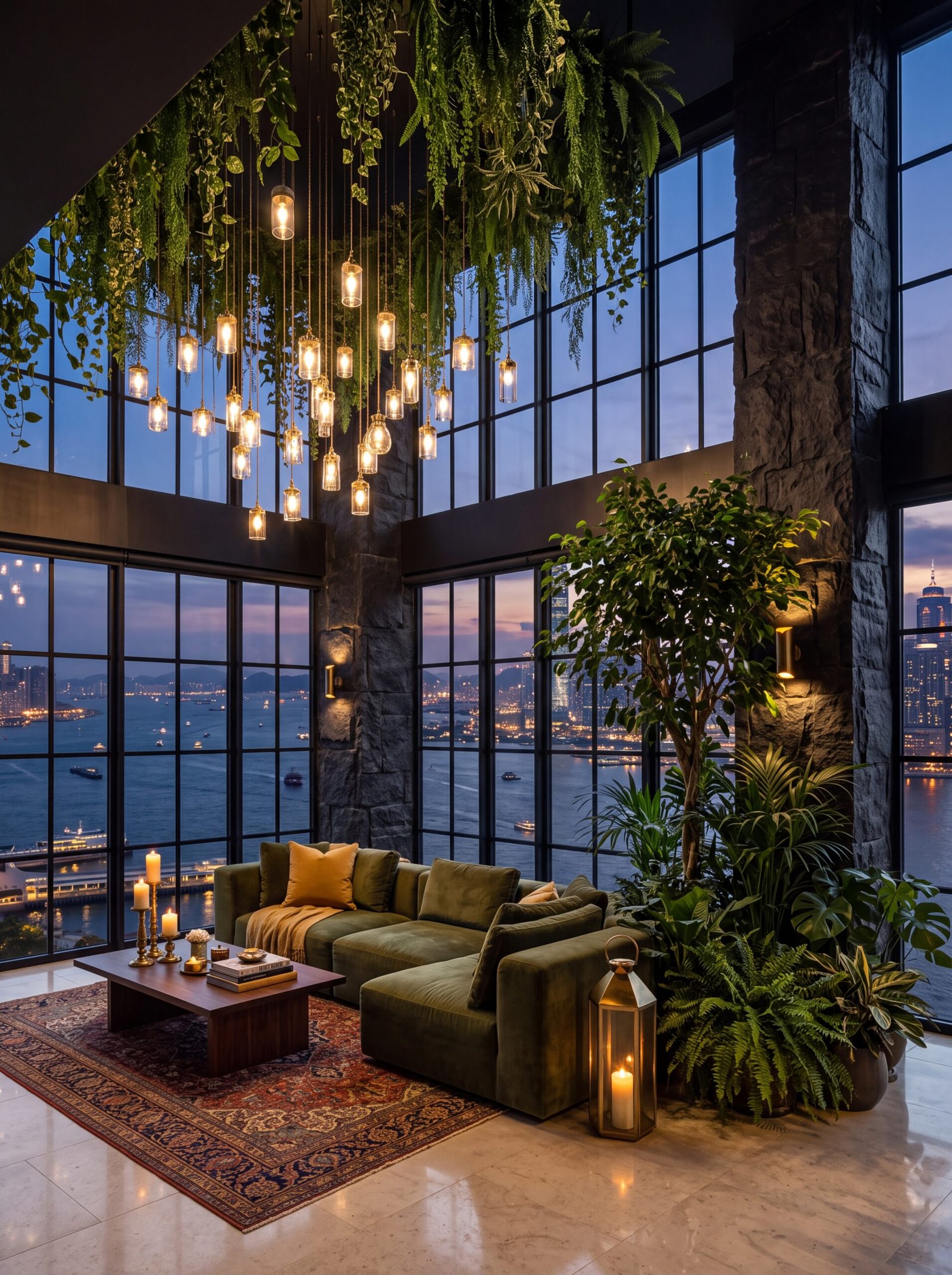 Floor-to-ceiling windows framing a city skyline above a relaxed green sofa seating area.
