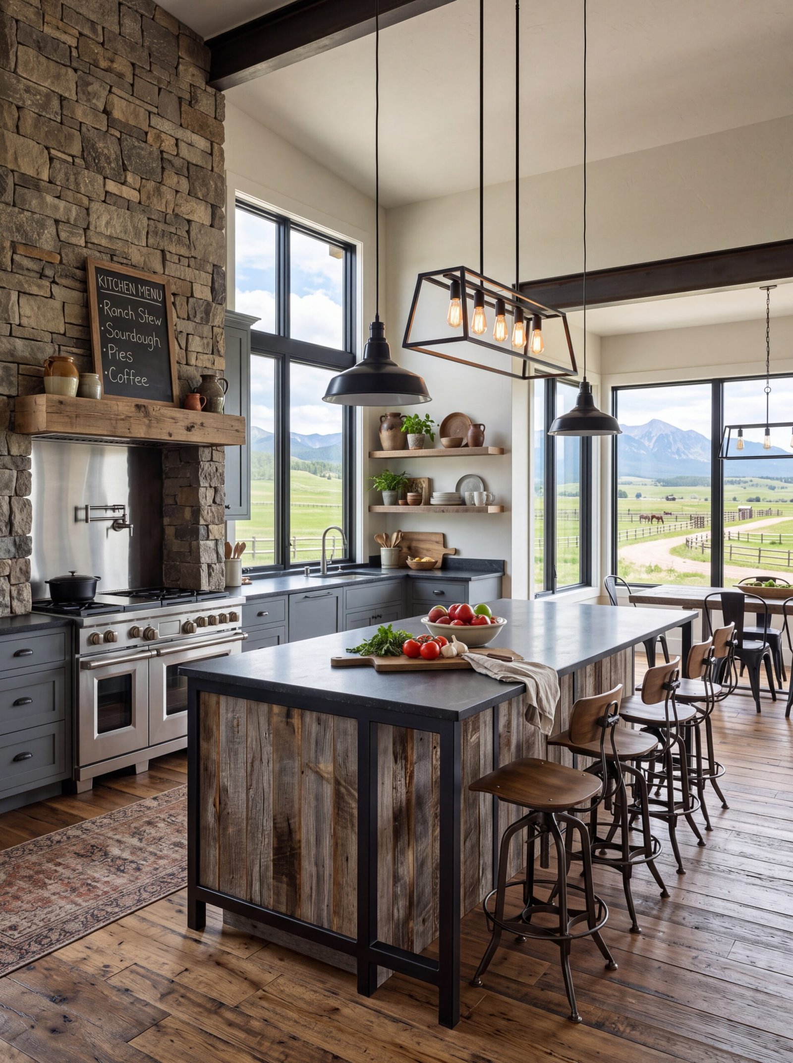 Rustic kitchen island with reclaimed wood panels and black steel frame.