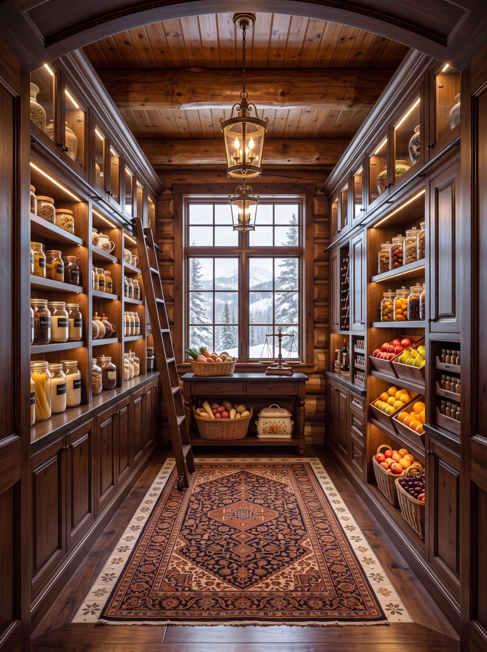 Rustic walk-in pantry seen through an arched doorway with a snowy mountain window
