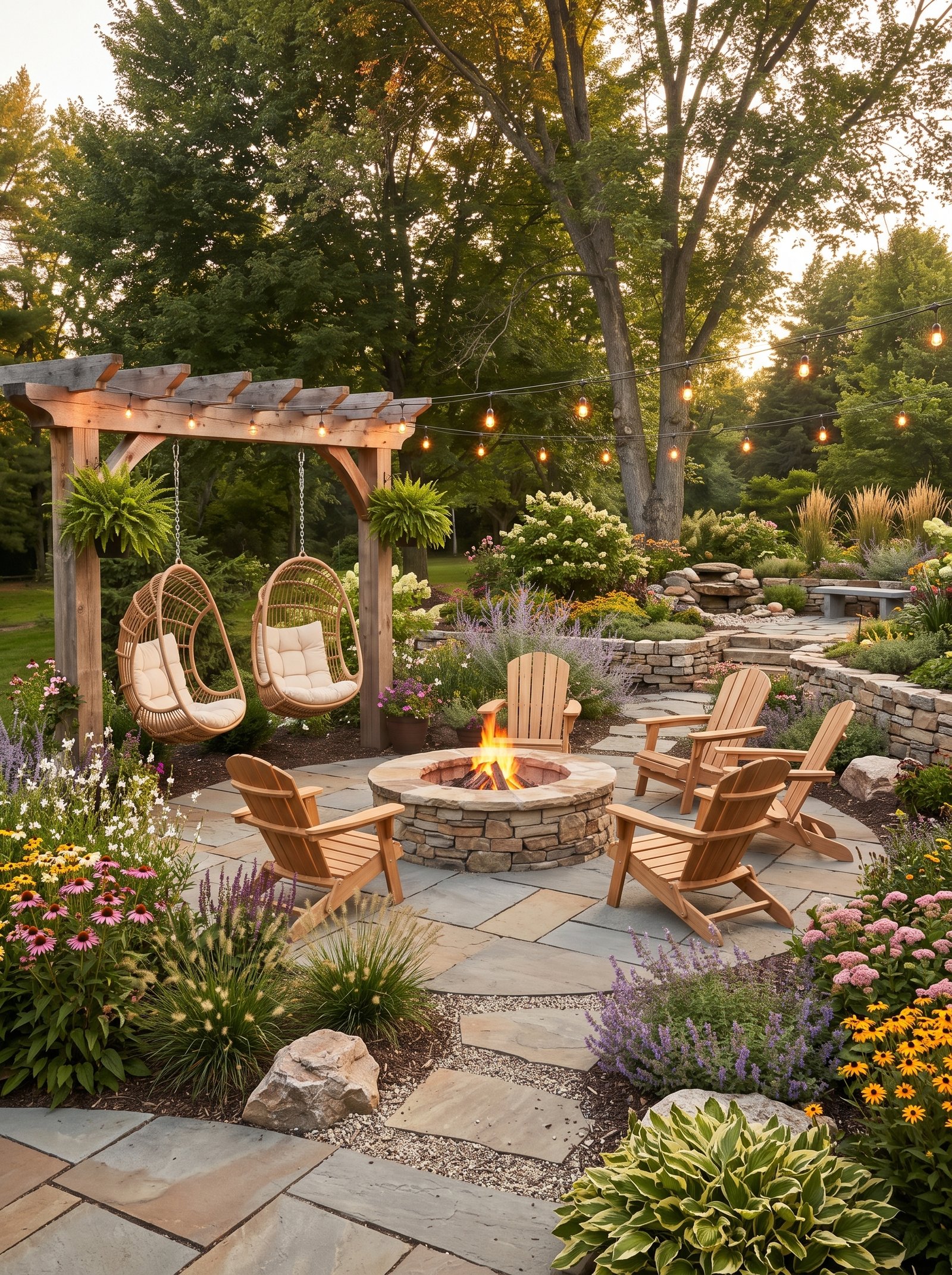 Budget backyard fire pit area with Adirondack chairs and perennial flower borders