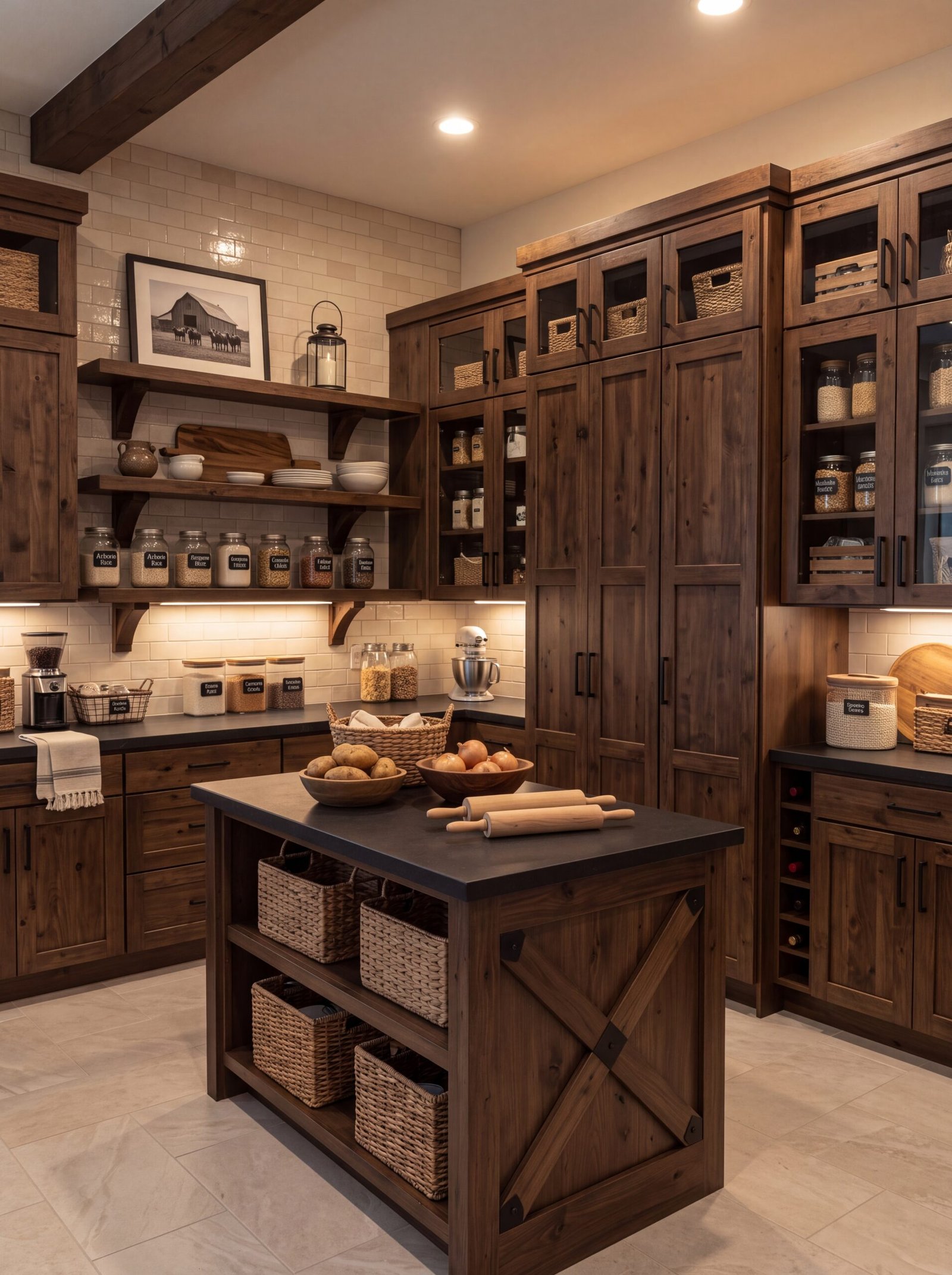 Open wood shelves with labeled grain jars, white dishes, and a barn photograph