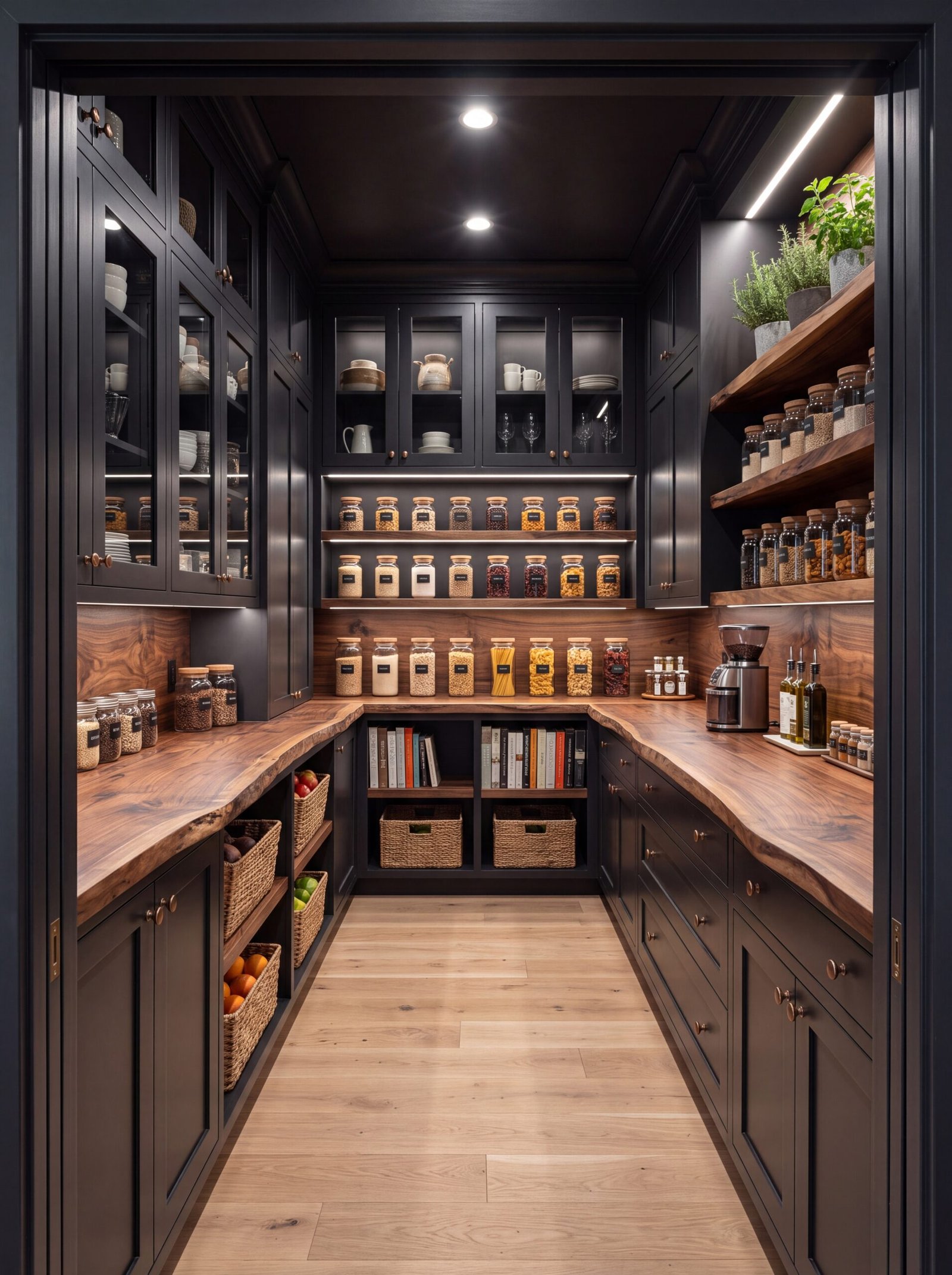 Walnut floating shelves with potted herbs and wood-lidded glass jars against dark walls