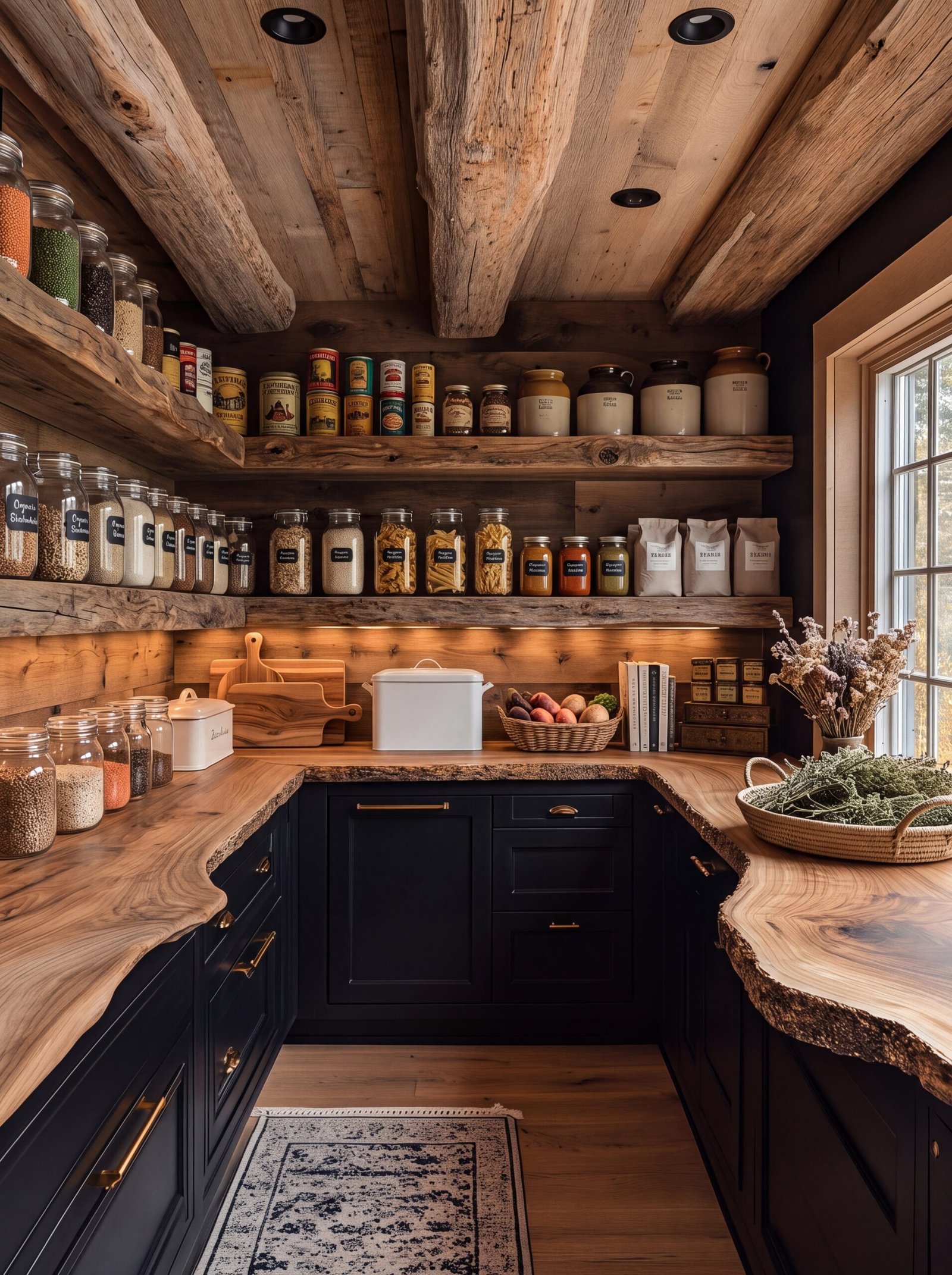 Reclaimed wood pantry with barnwood shelves, hand-hewn beams, and navy cabinets