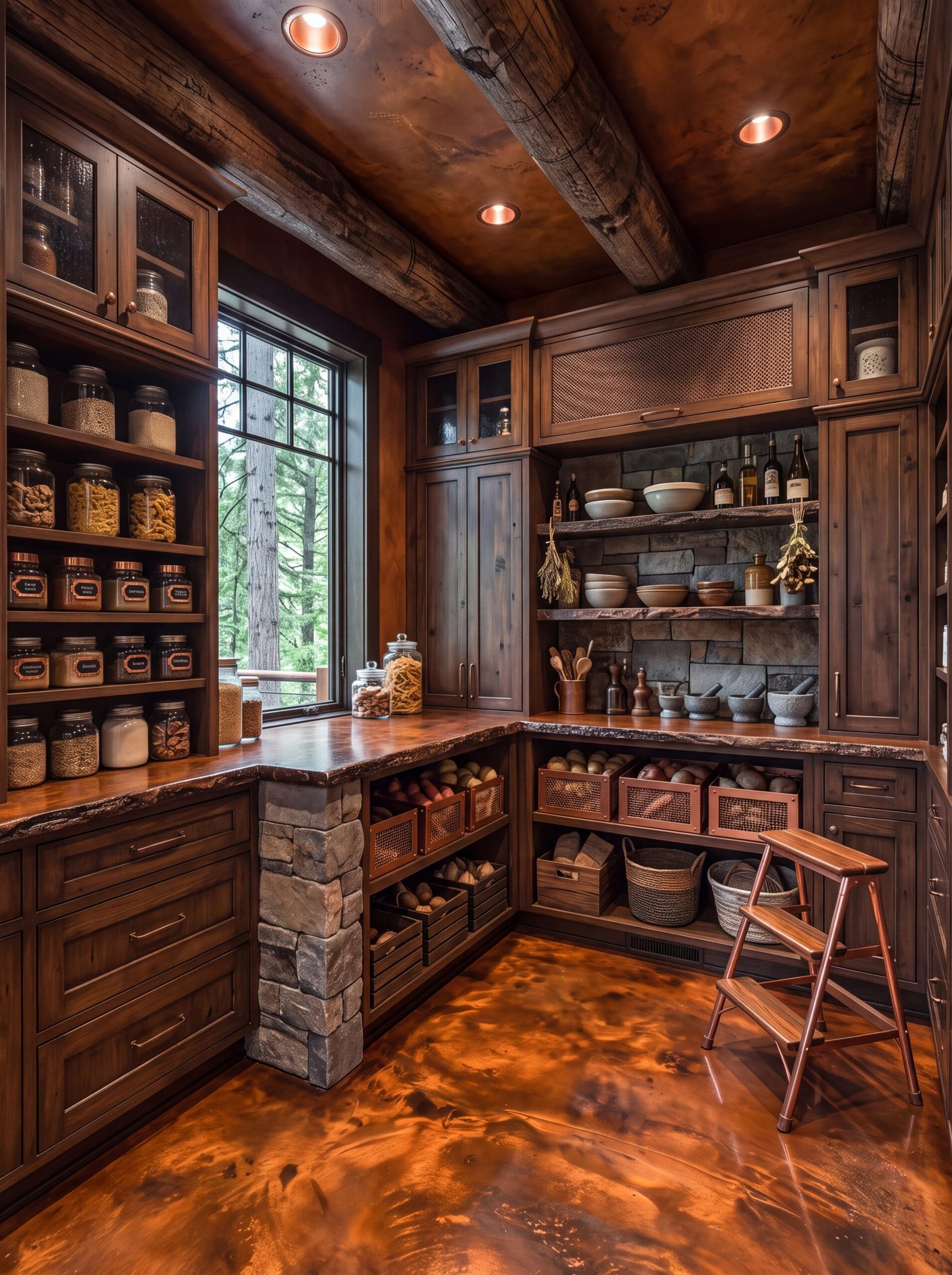 Copper pantry with metallic epoxy floor, dark wood cabinets, and copper step stool