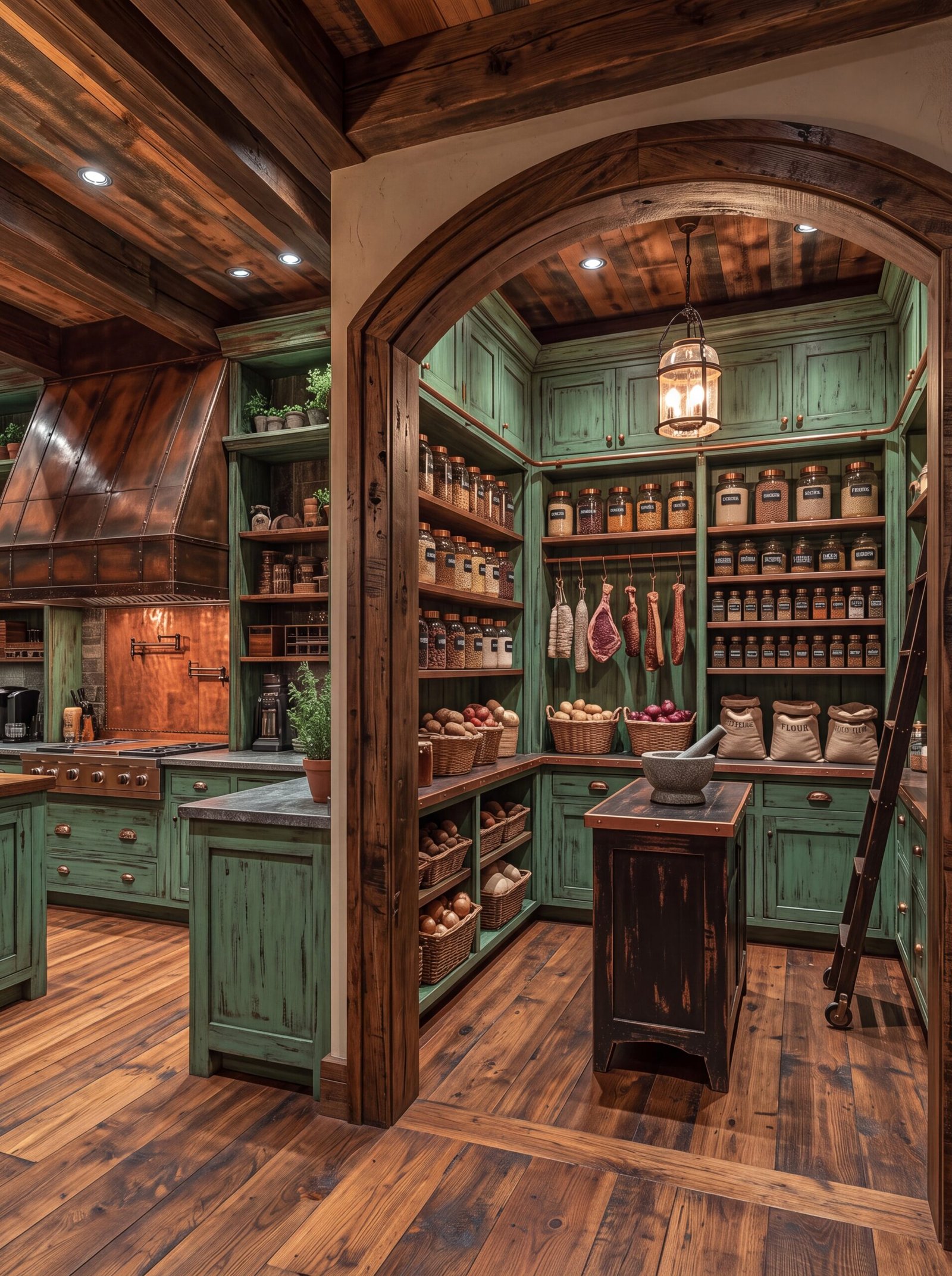 Green pantry cabinets with distressed finish, copper rail, and hanging lantern light