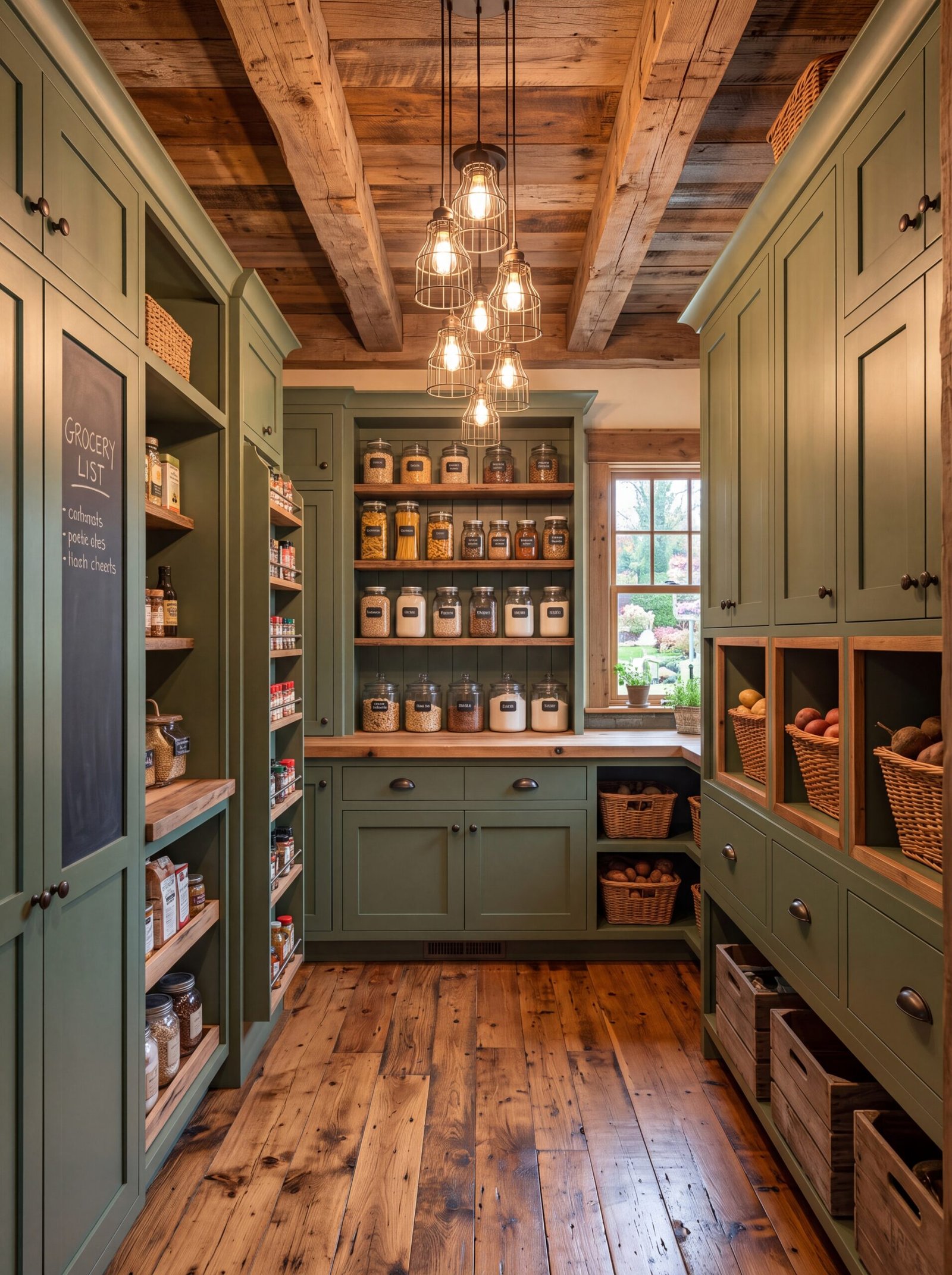Olive green pantry with shaker cabinets, cage cluster pendant, and reclaimed wood ceiling