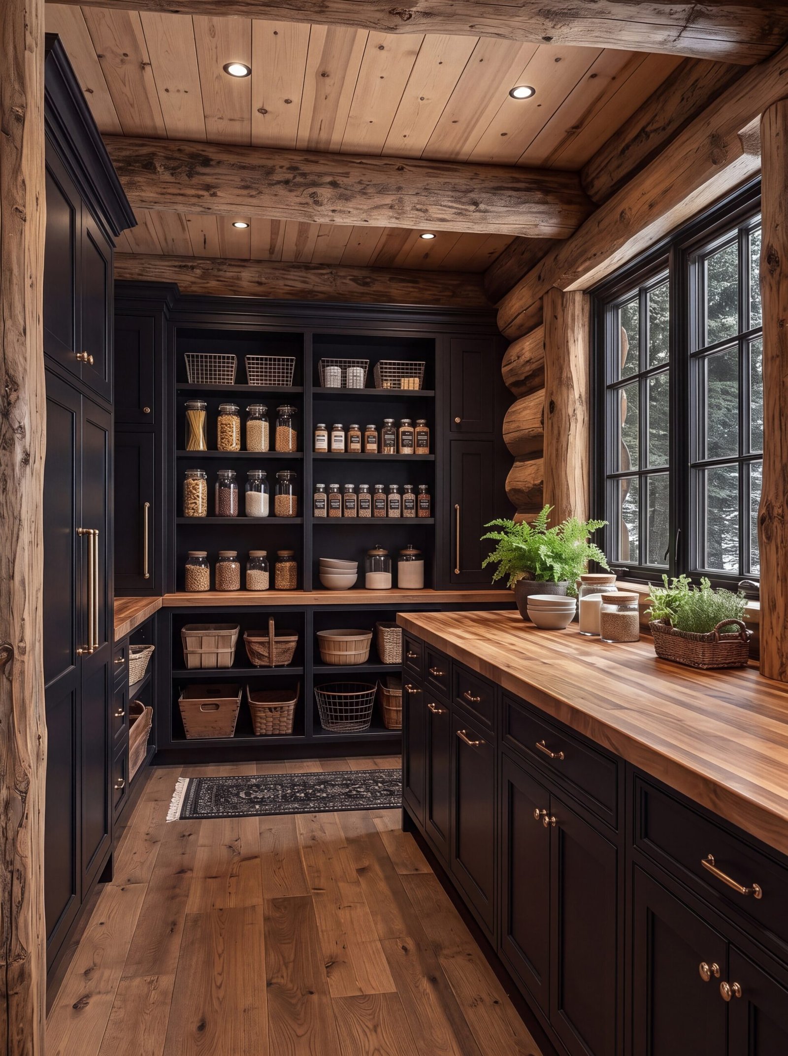 Black log cabin pantry with brass hardware, butcher block counters, and black-framed windows