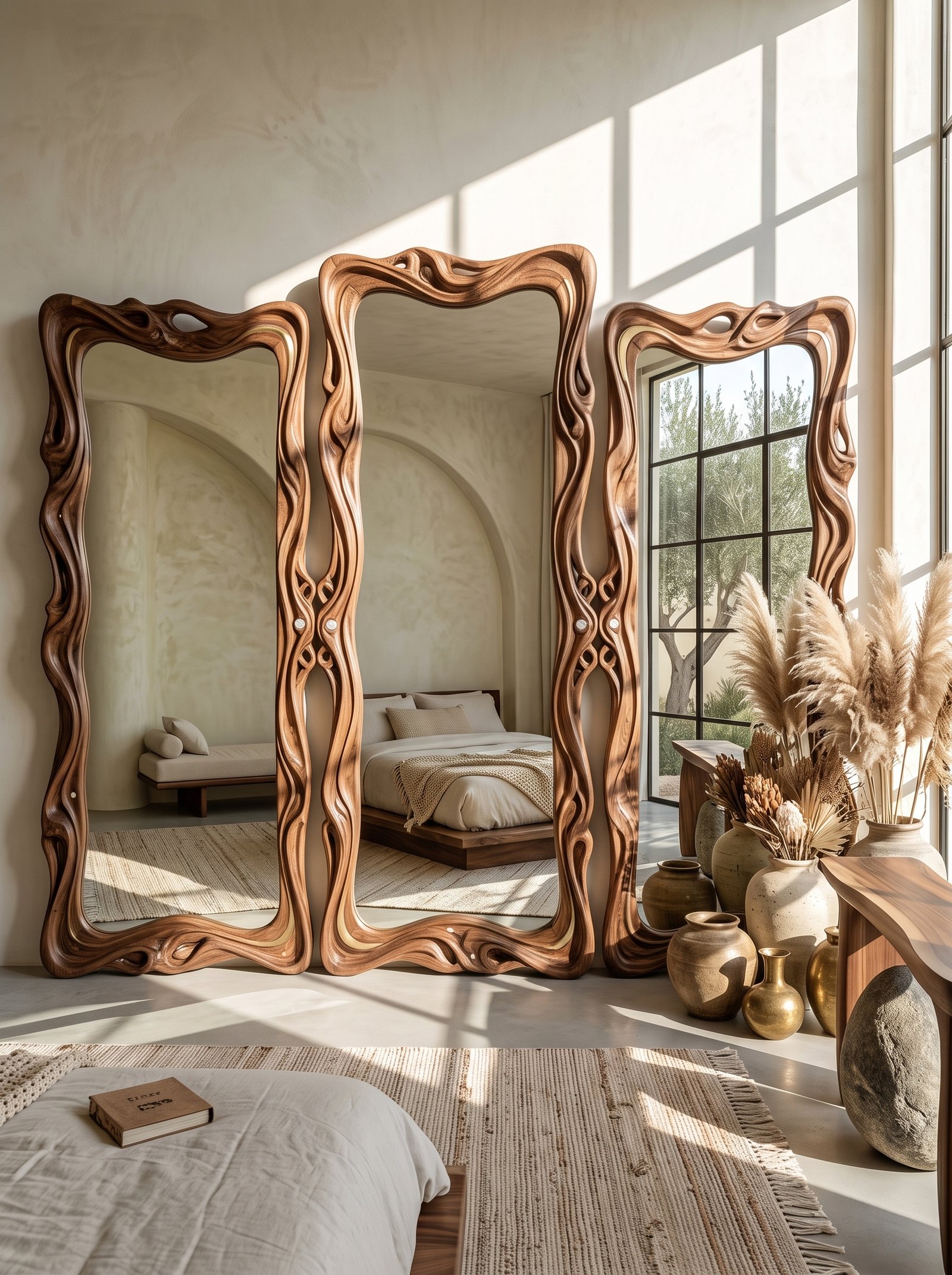 Wood furniture DIY floor mirrors with carved art nouveau frames in sunlit bedroom