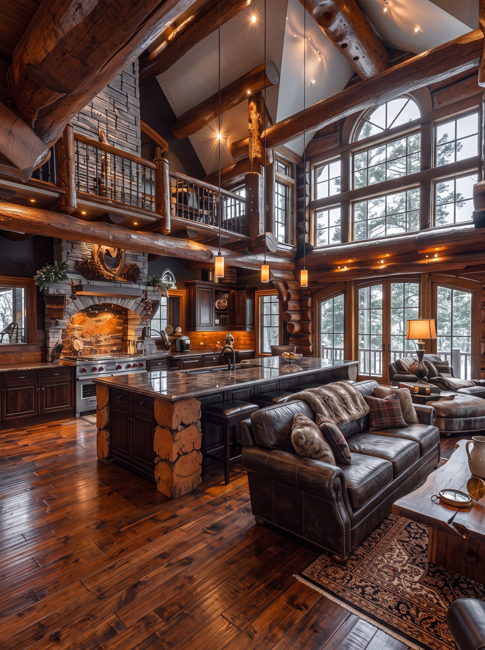 Open-concept log home interior with arched windows overlooking snowy pine trees