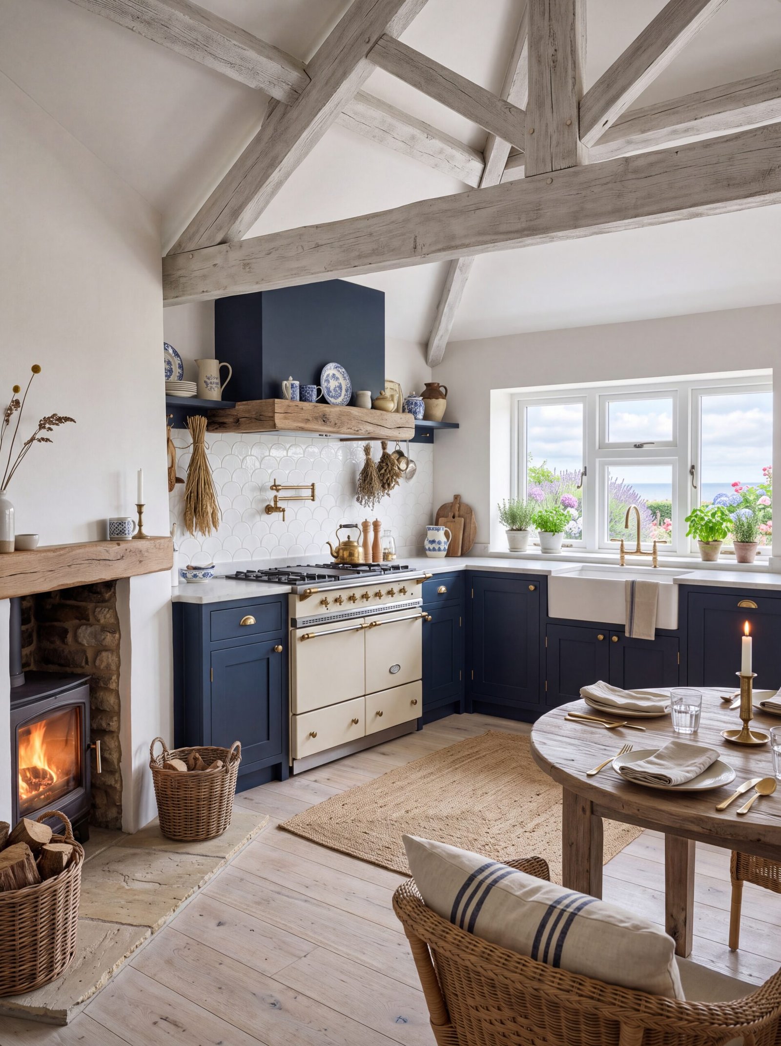 Navy cottage kitchen with cream range cooker and brass pot filler tap.