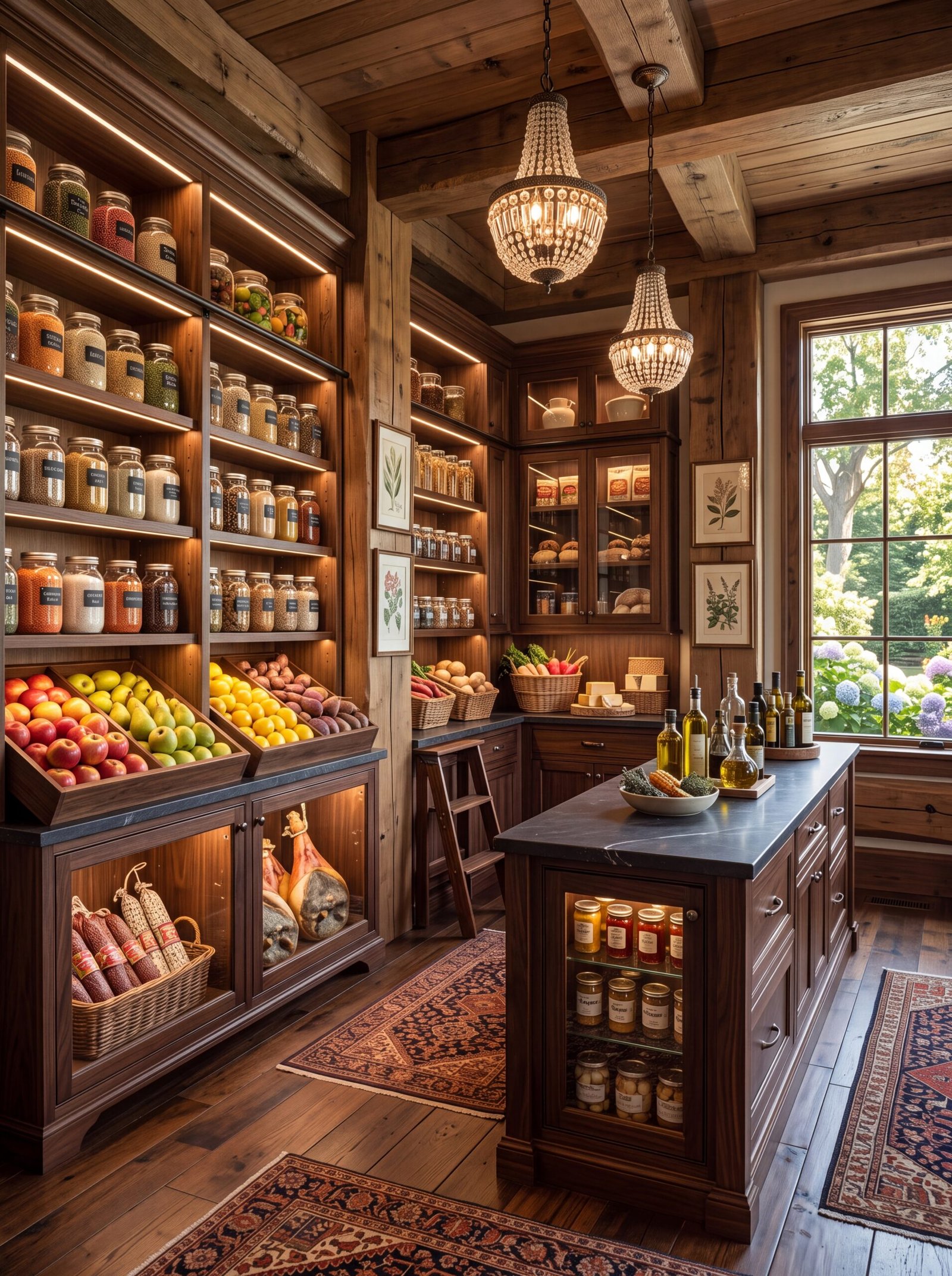 Rustic walk-in pantry with crystal chandeliers, reclaimed beams, and a black stone island