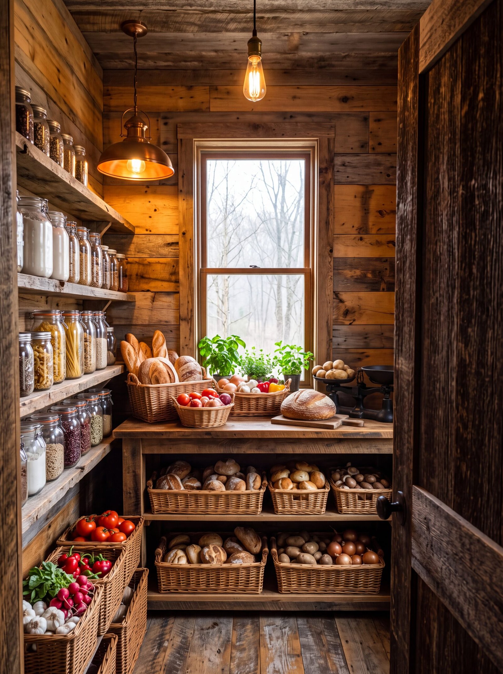 Rustic bread pantry with barnwood walls, copper pendant, and baskets of fresh loaves