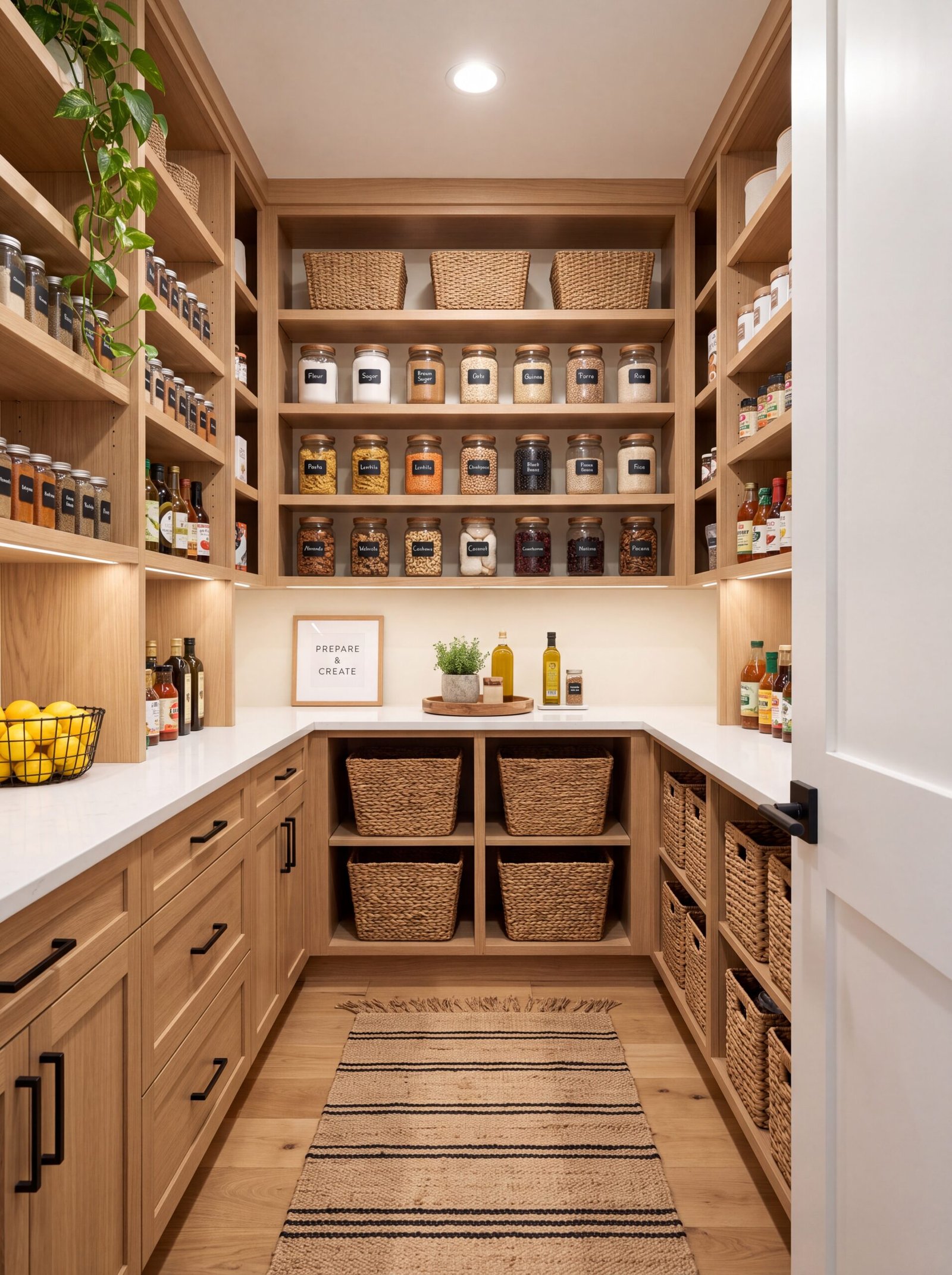 White oak pantry with U-shaped quartz counters, black pulls, and woven basket cubbies