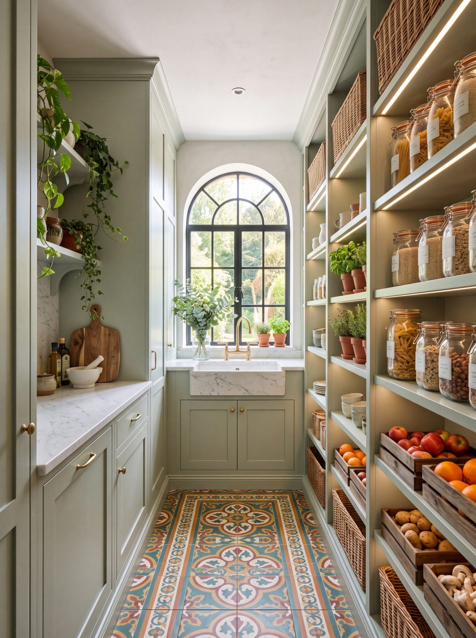 Colorful encaustic cement tile floor running through a narrow galley pantry