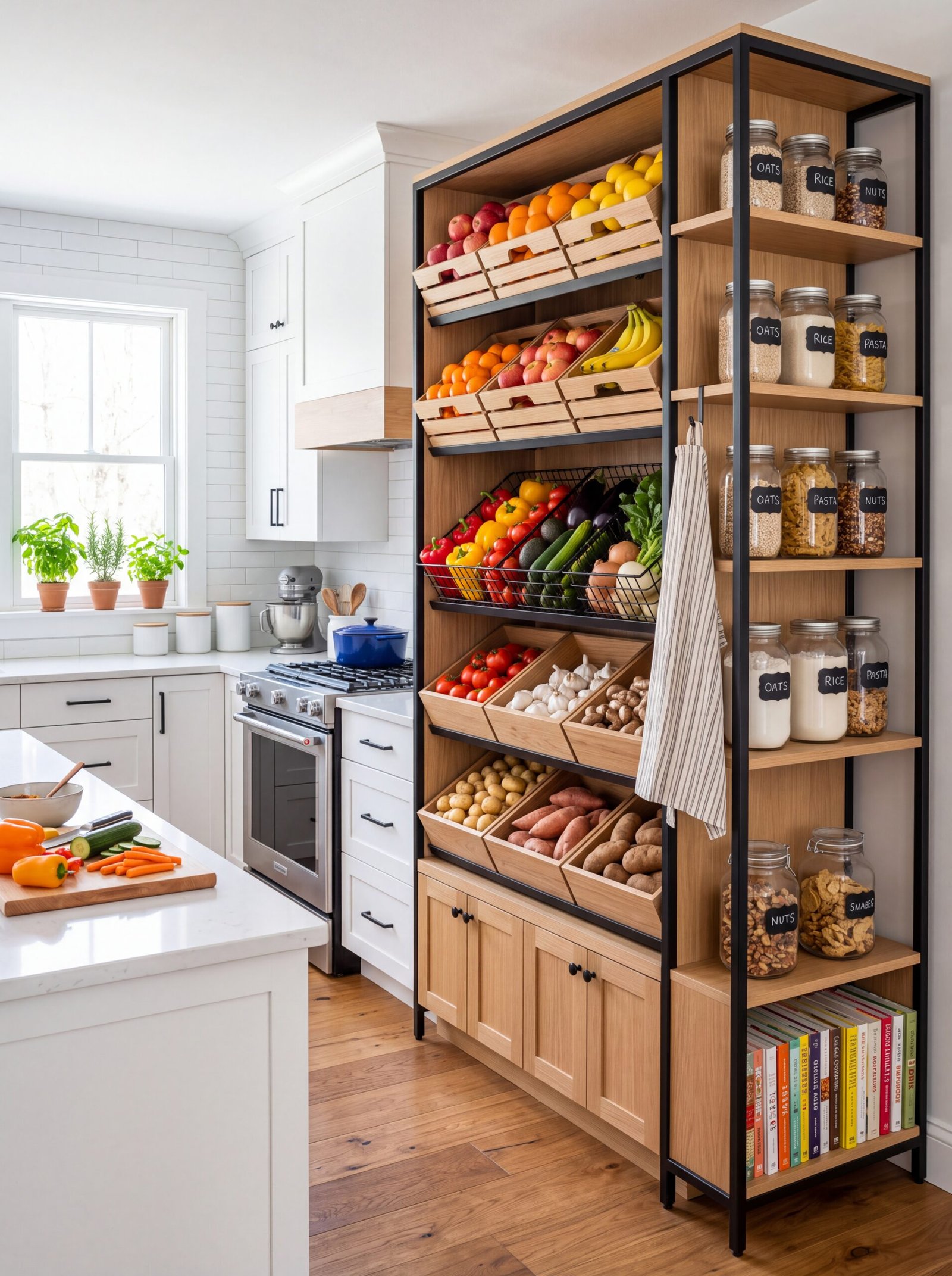 Wooden crates of potatoes, sweet potatoes, tomatoes, and garlic on a kitchen rack