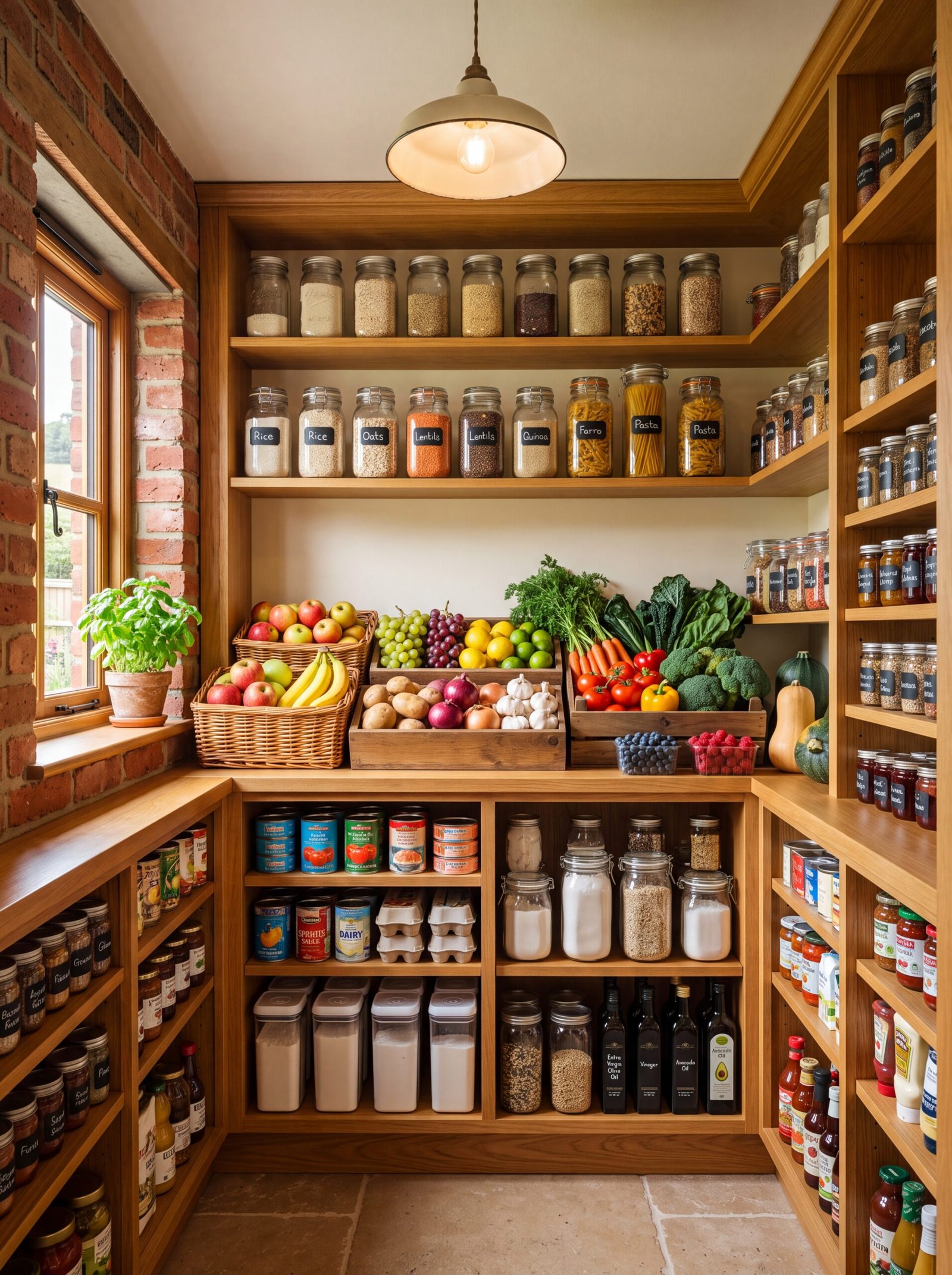 Well-stocked pantry with exposed brick wall, oak shelves, and enamel pendant light