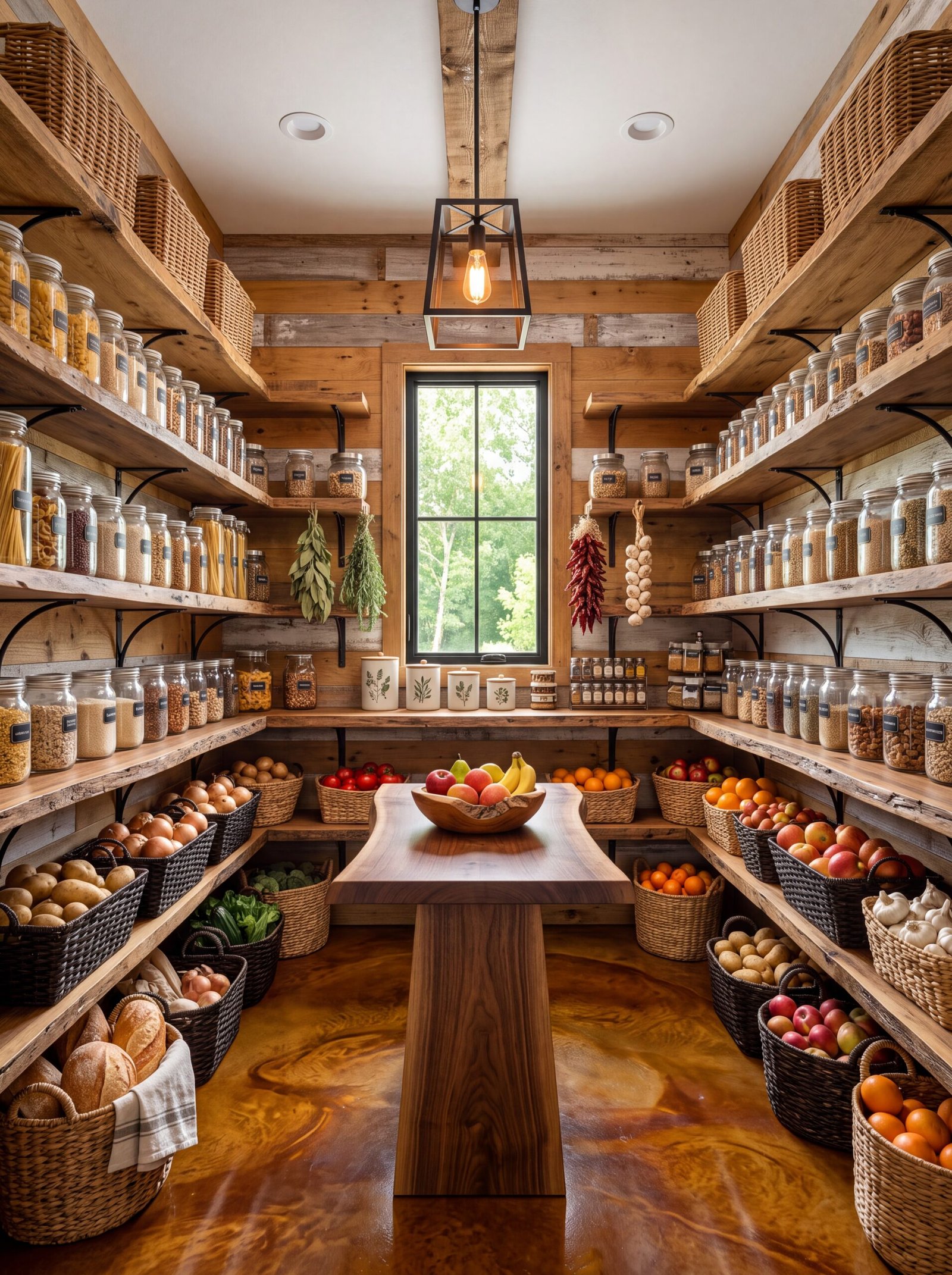 Wraparound pantry shelving on black iron brackets with glass jars and wicker baskets