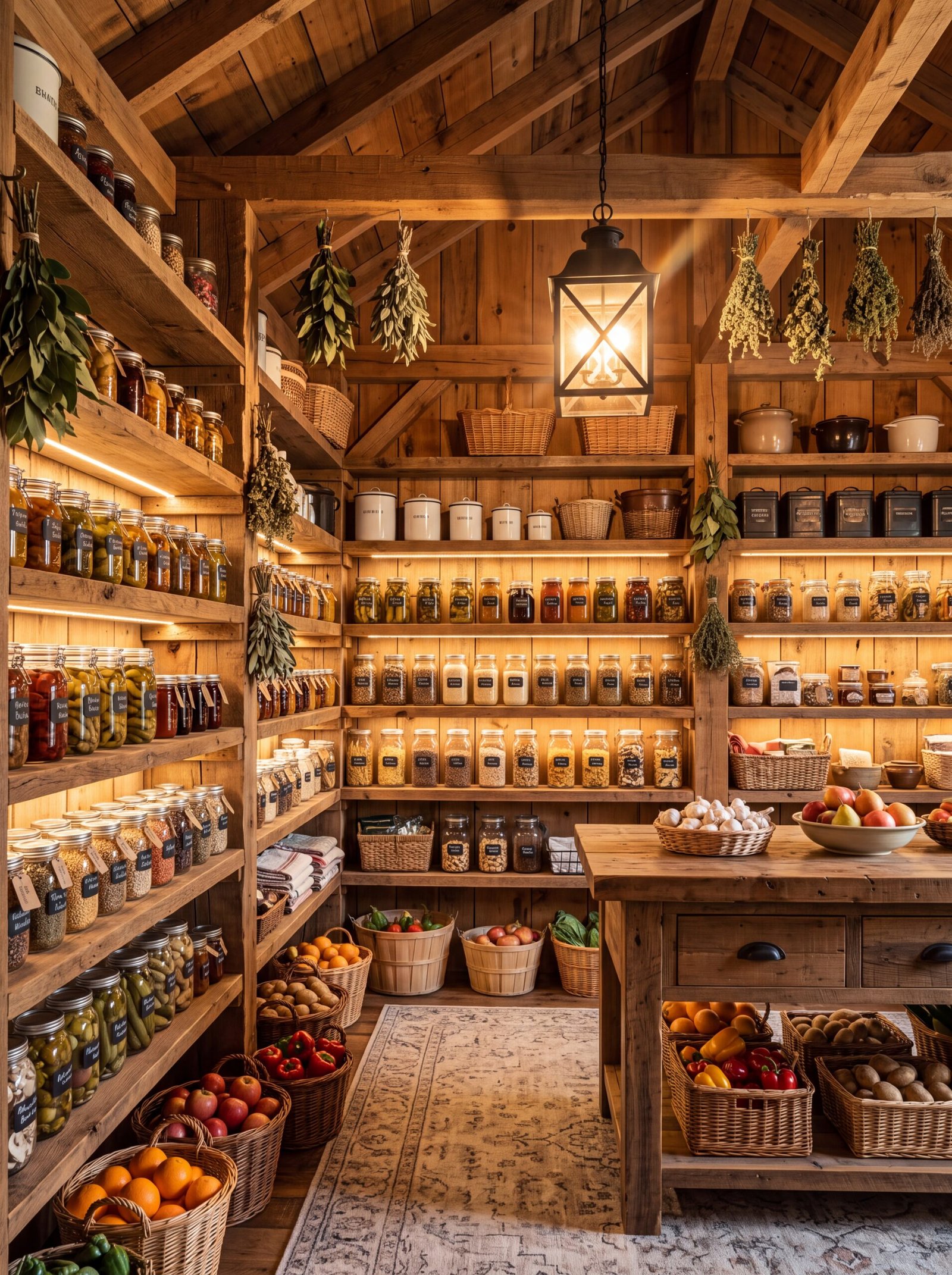 Timber frame pantry with knee-braced beams, lantern pendant, and hanging dried herbs