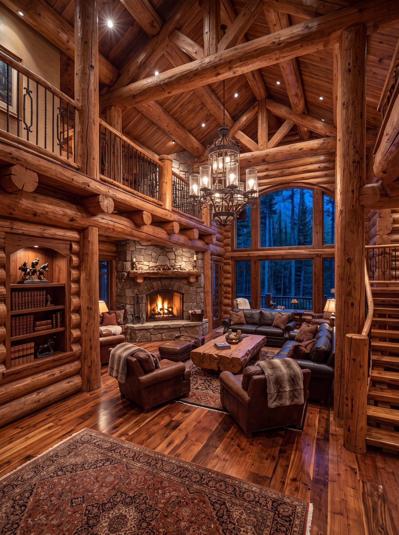 Layering Vintage Rugs in Open Log Living Spaces