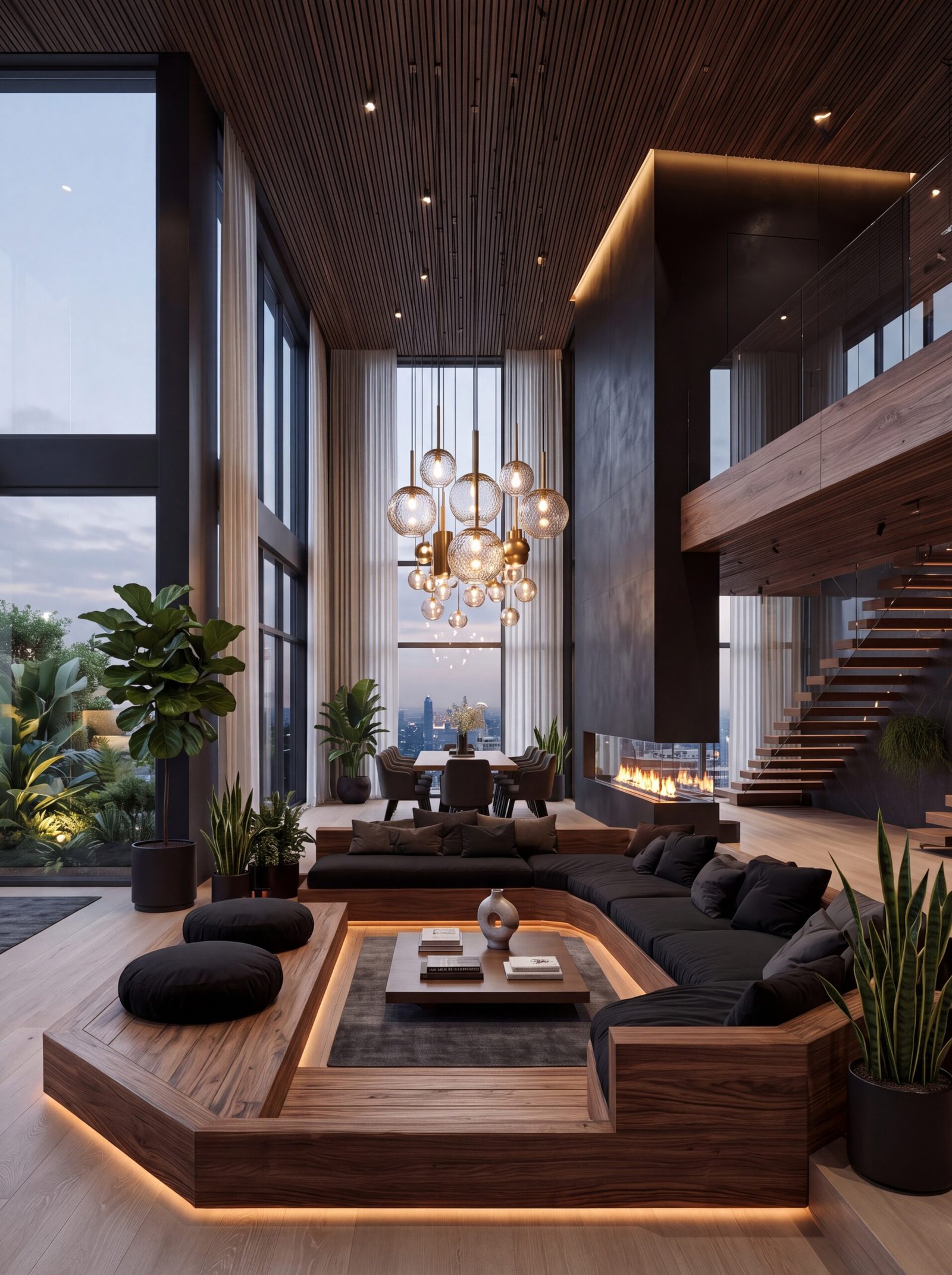 Double-height living room featuring three-sided fireplace and floating wood staircase