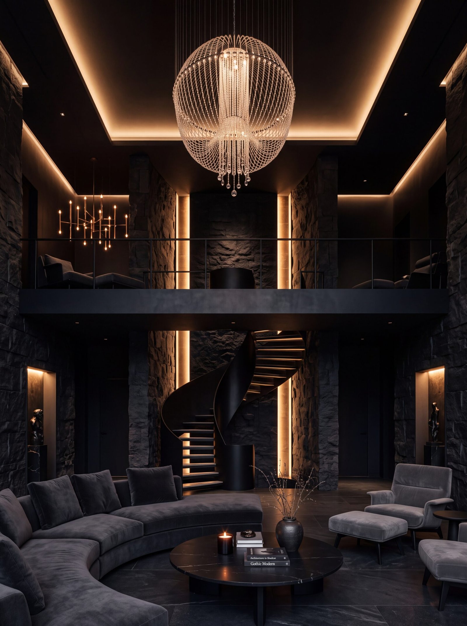 Dark stone interior with a spiral staircase and layered ambient lighting design.