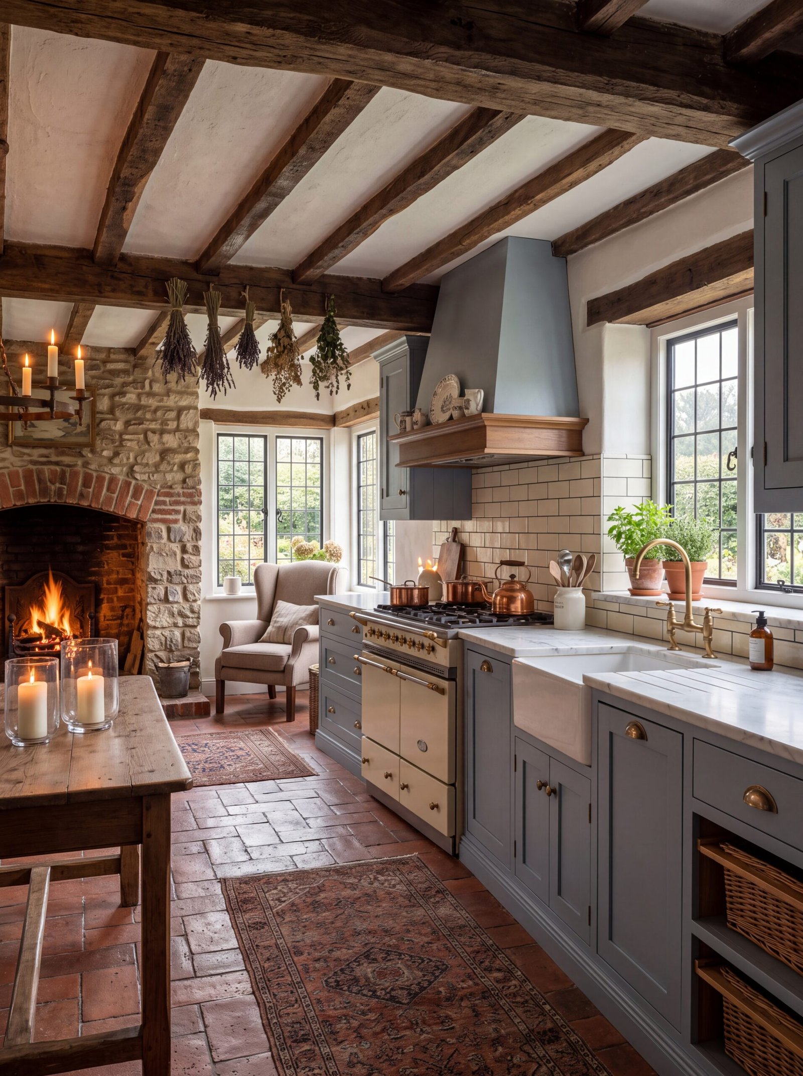 English cottage kitchen with terracotta floors and an open brick fireplace.