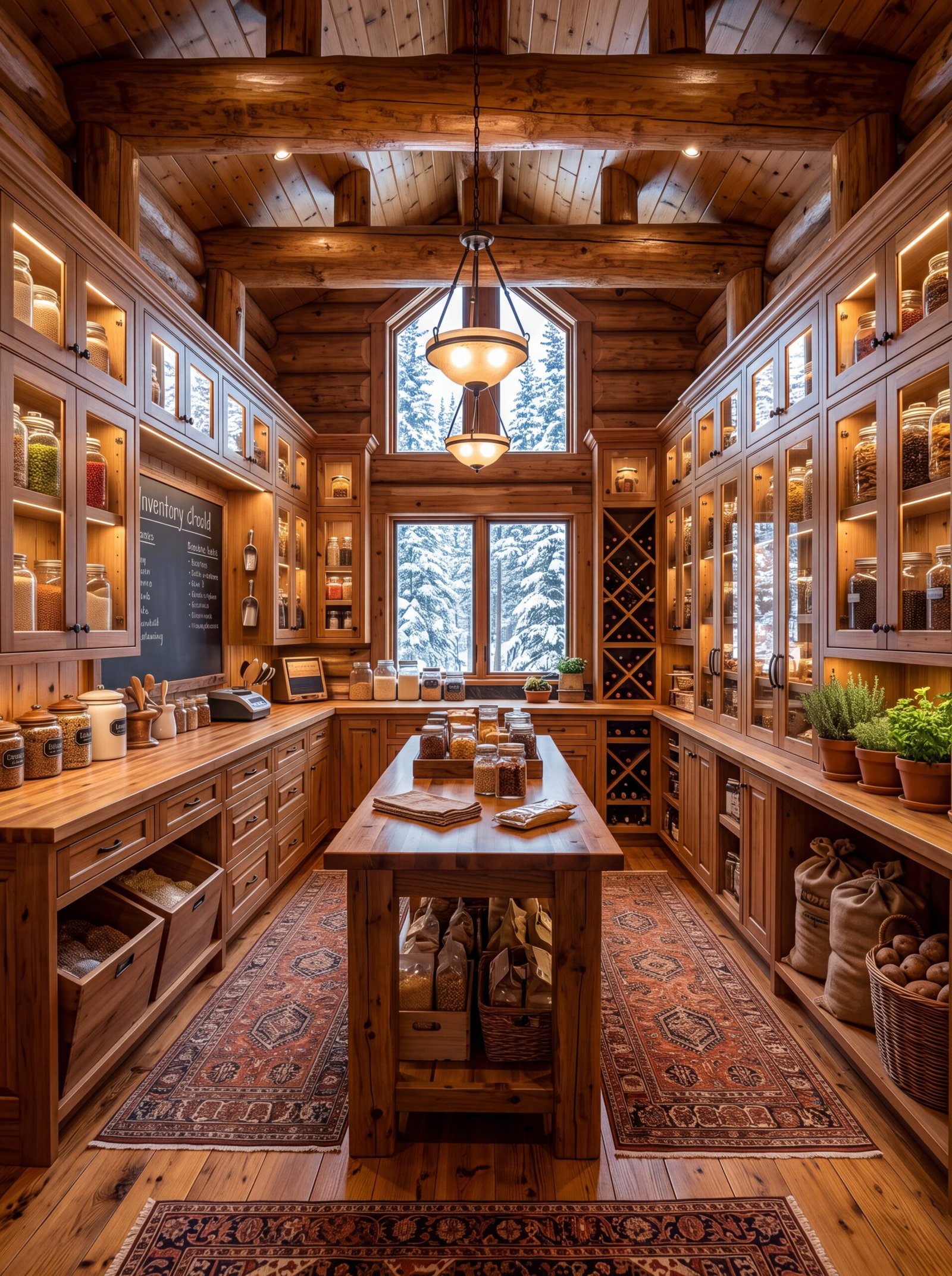 Rustic walk-in pantry island with glass jars on top and bulk bags below