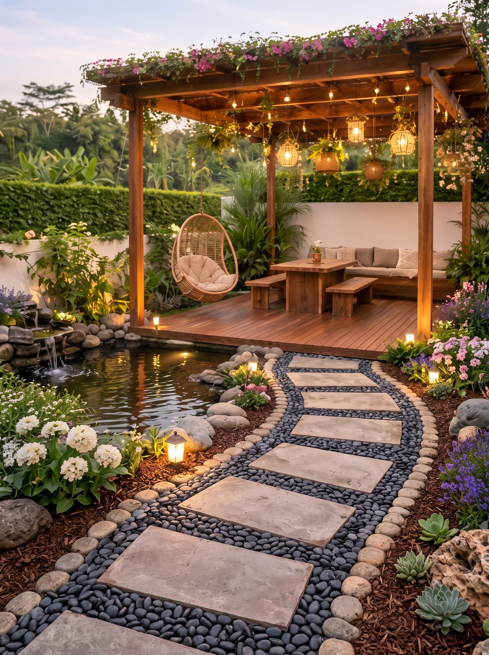 Wood deck pergola with hanging rattan chair overlooking a backyard koi pond