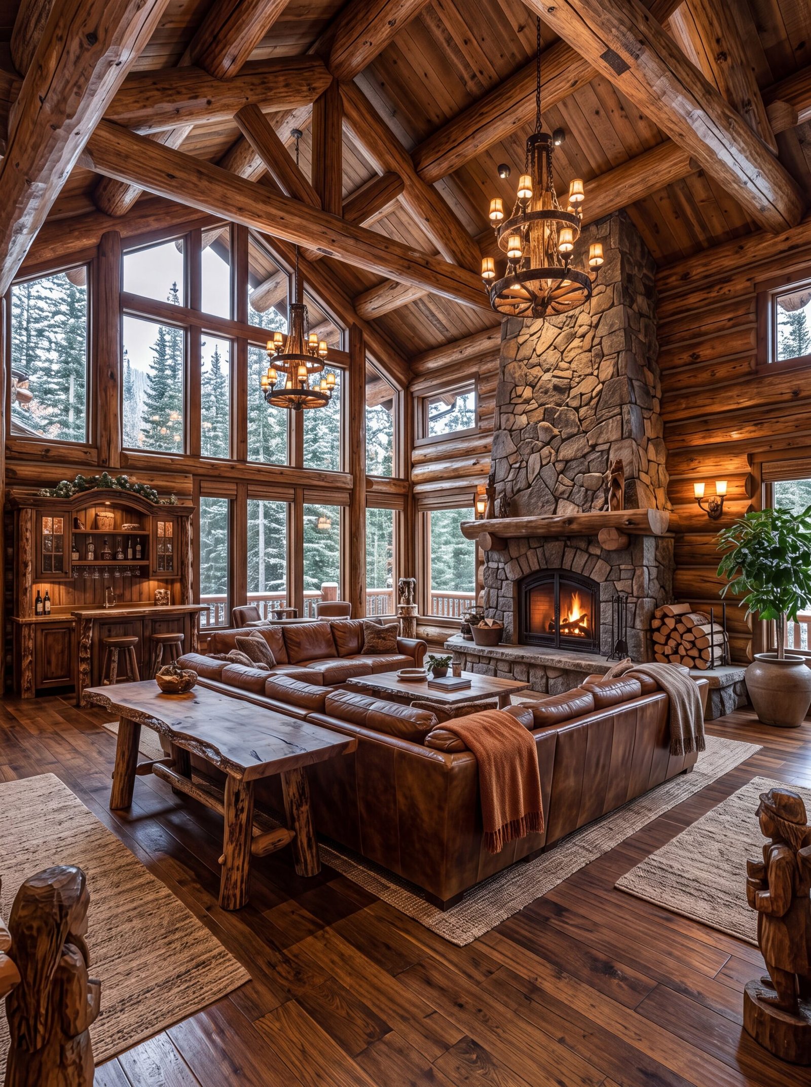 Wood log house living room with towering stone fireplace and wagon-wheel chandelier