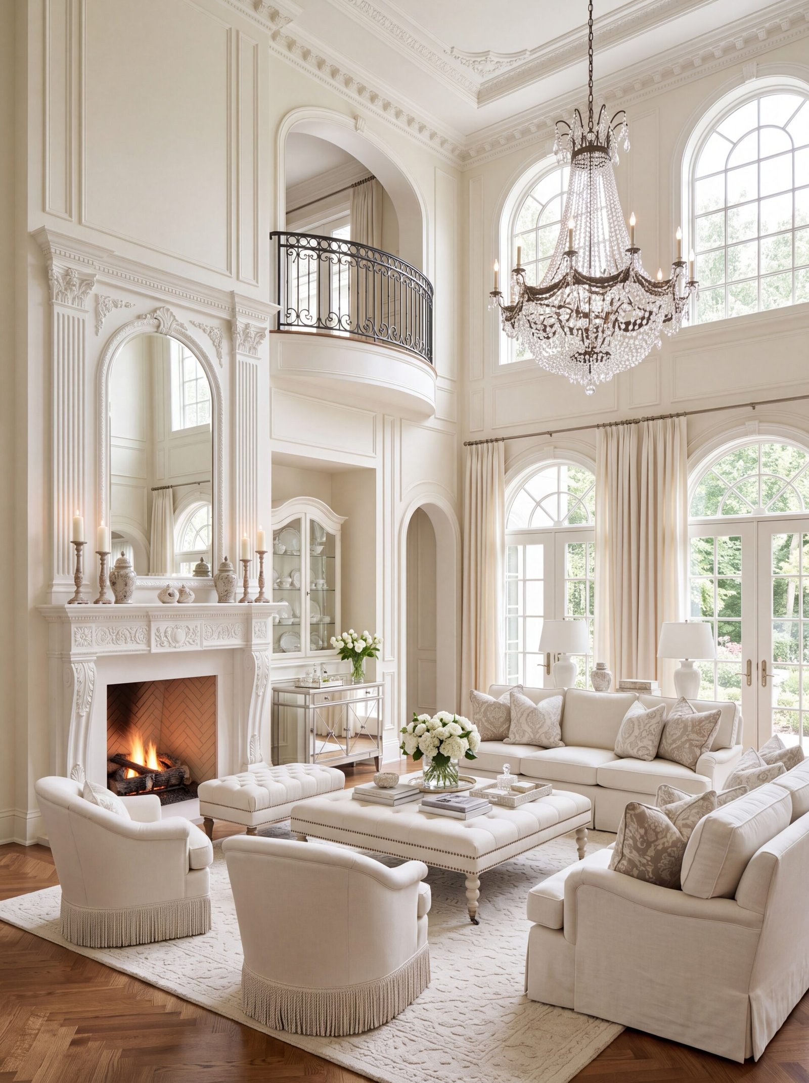 Curved wrought-iron balcony overlooks a bright, two-story cream and white living room.
