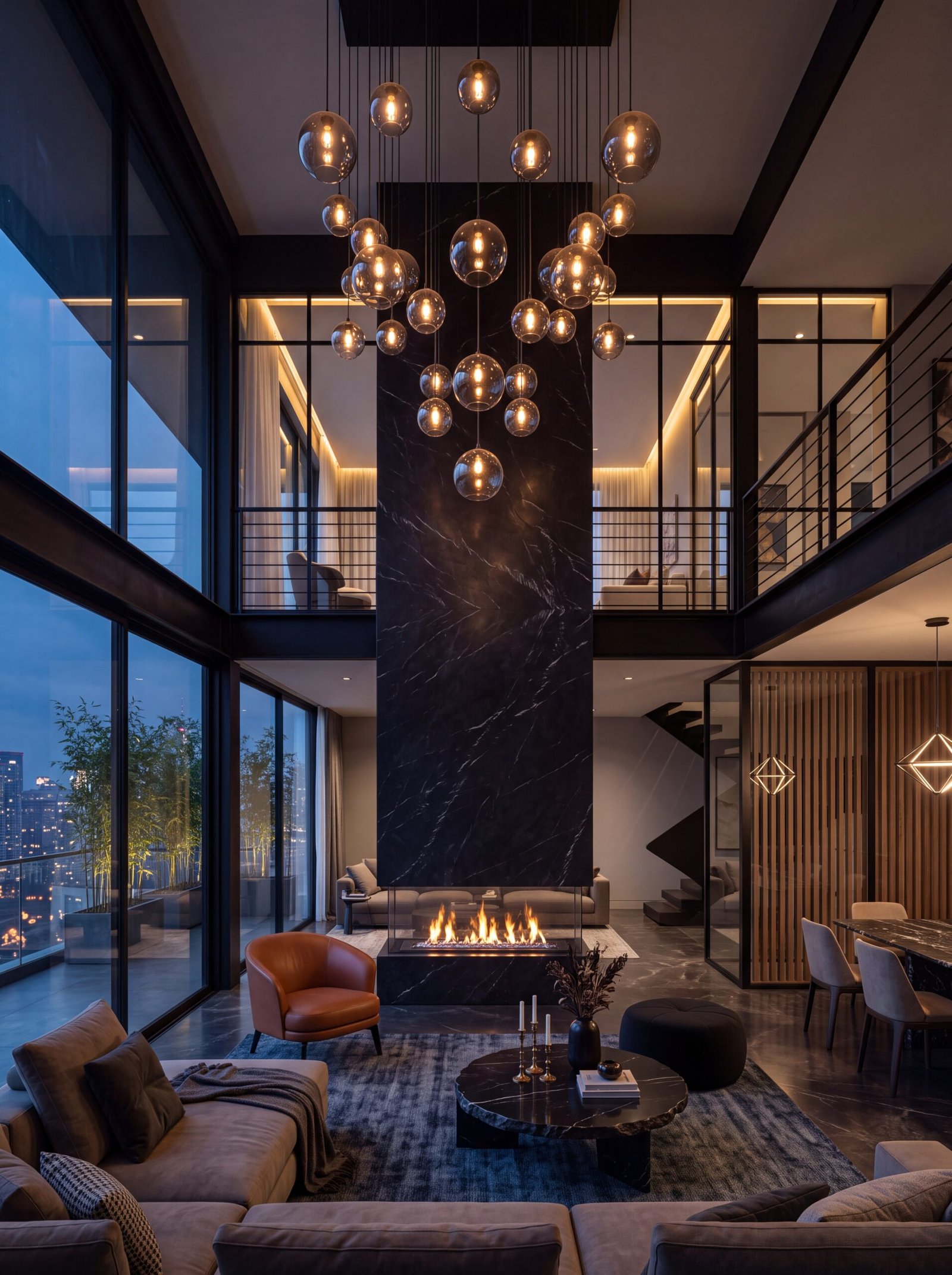 Open-plan penthouse living room design with a marble fireplace column and pendant lights.