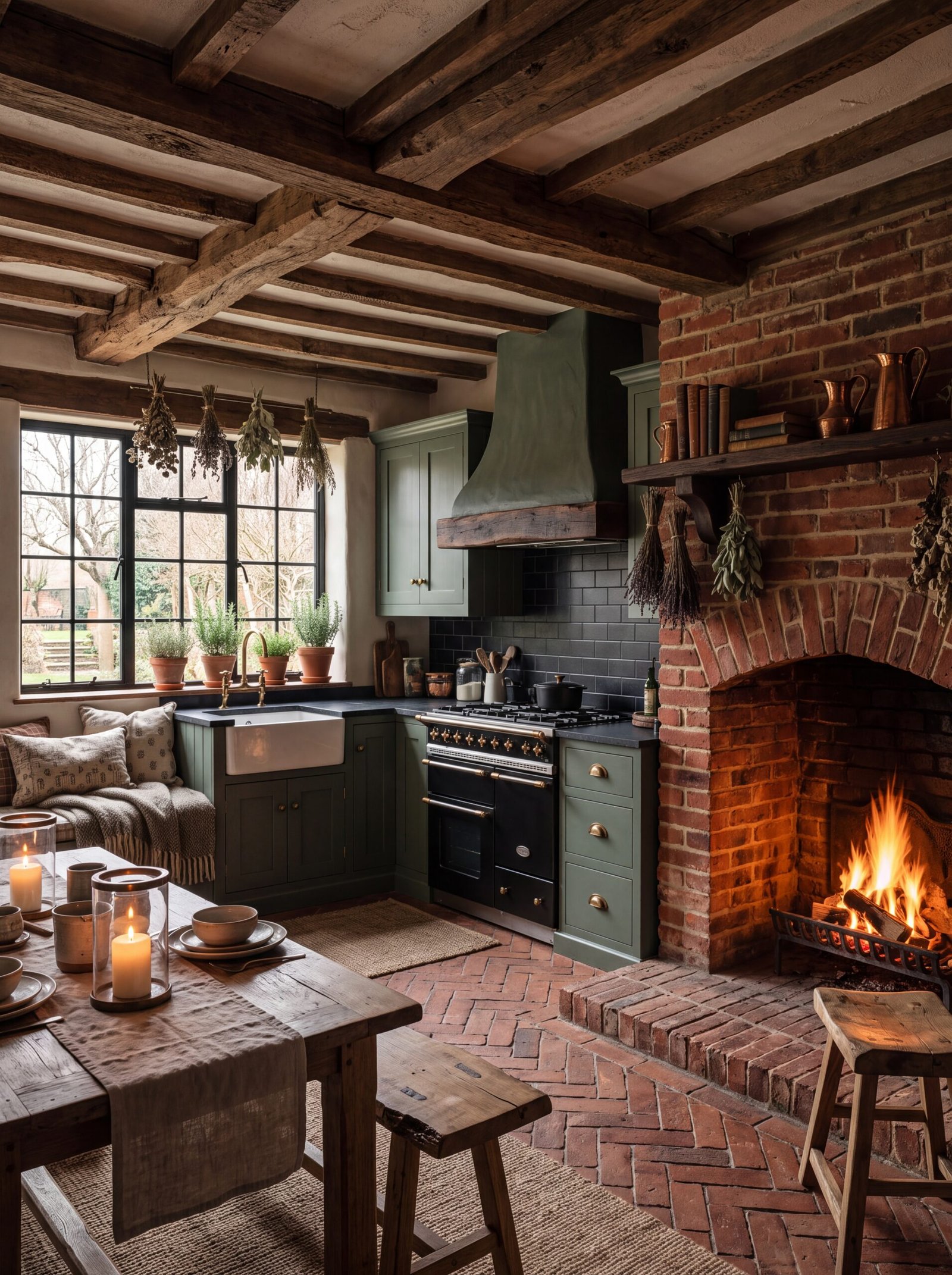 Sage green kitchen cabinets beside a lit brick inglenook fireplace.