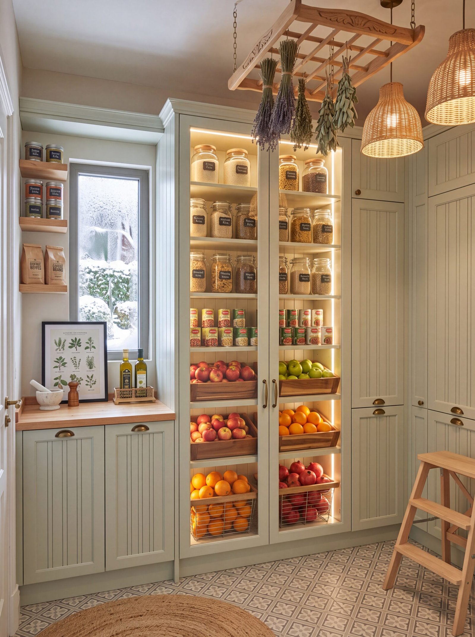 Sage green pantry with beadboard cabinets, brass cup pulls, and rattan pendant lights