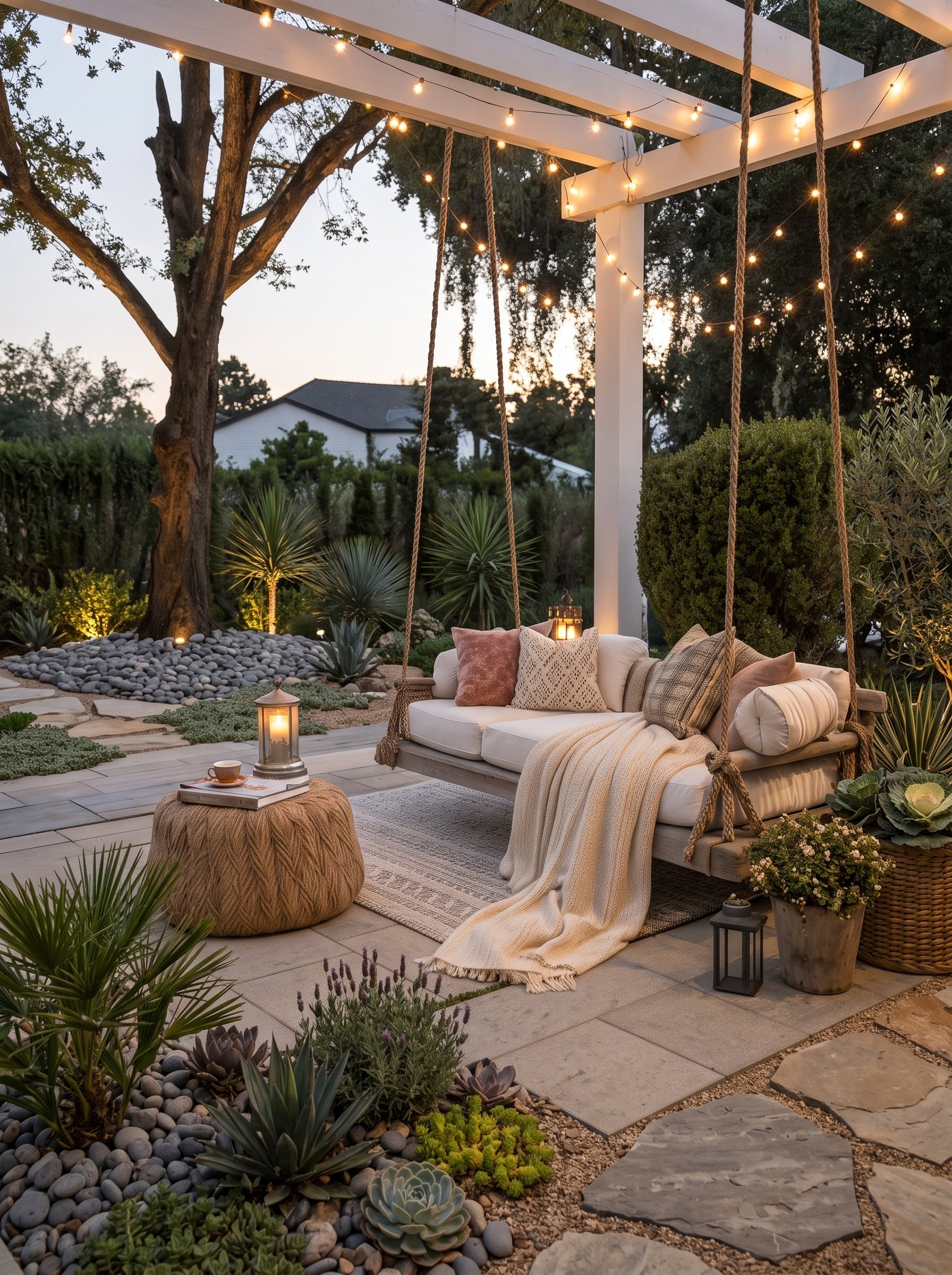 Cheap backyard ideas no grass with rope-hung swing daybed and succulent garden beds